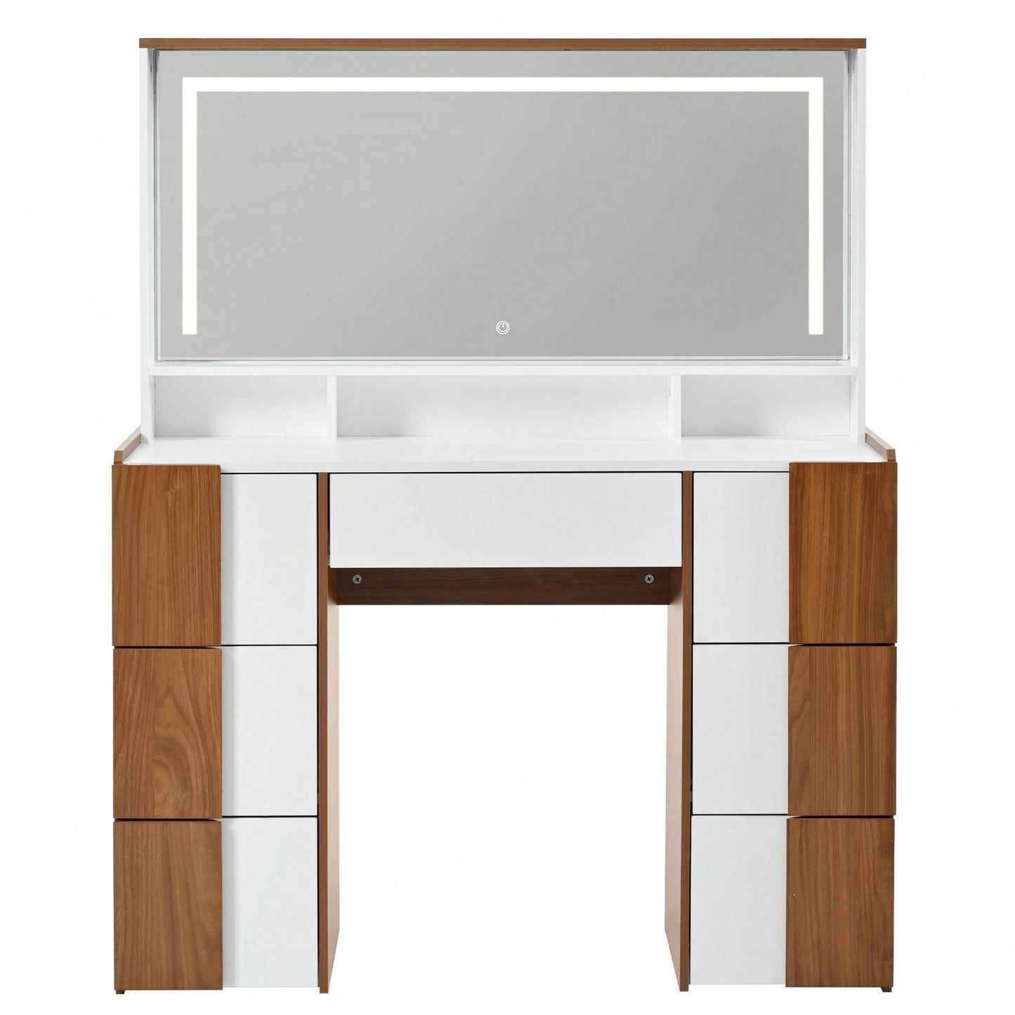 Elegant 44.4 Inch Vanity Table With Large Lighted Mirror And Power Outlet, Dressing Table Featuring 7 Drawers, Brown Wood-Style Finish