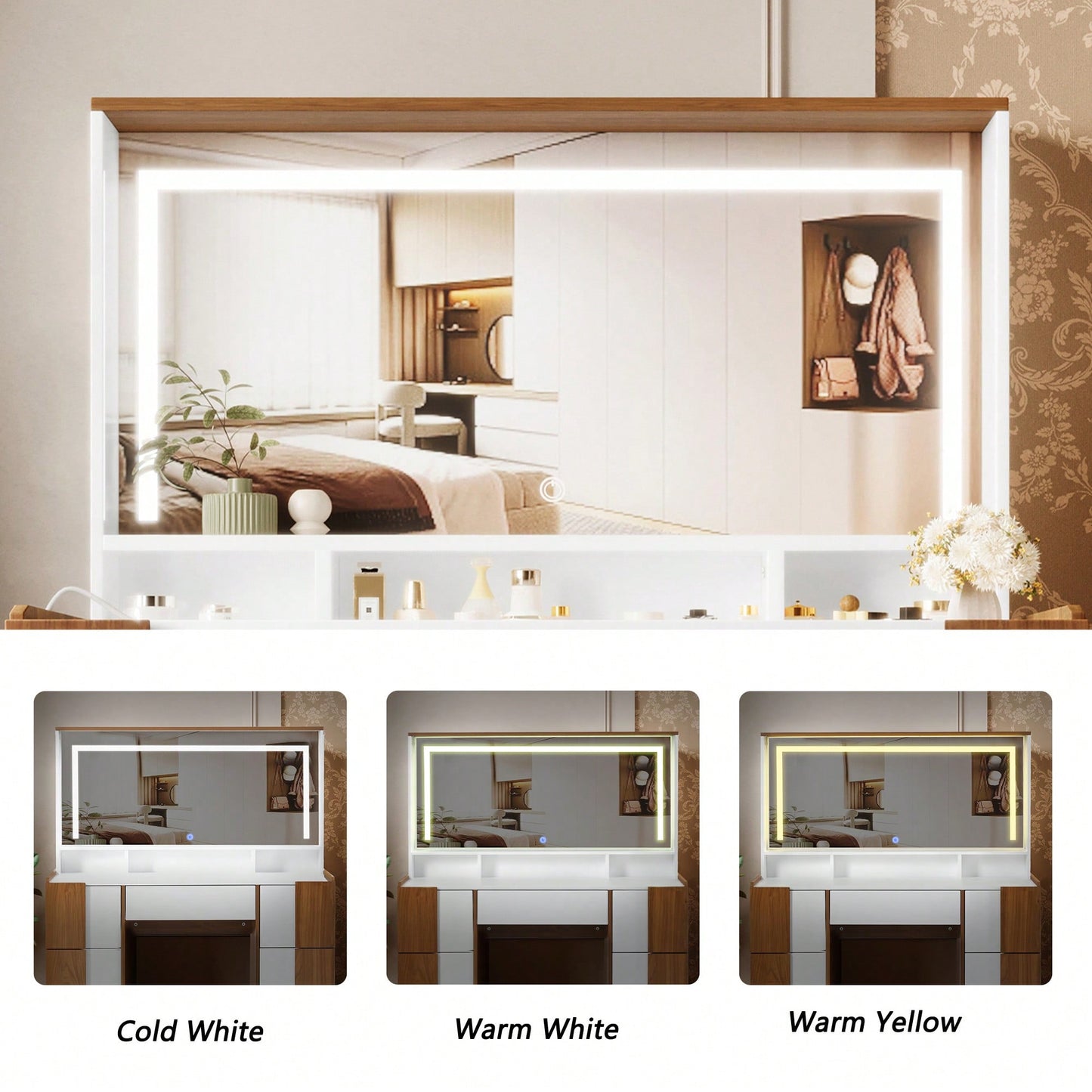 Elegant 44.4 Inch Vanity Table With Large Lighted Mirror And Power Outlet, Dressing Table Featuring 7 Drawers, Brown Wood-Style Finish