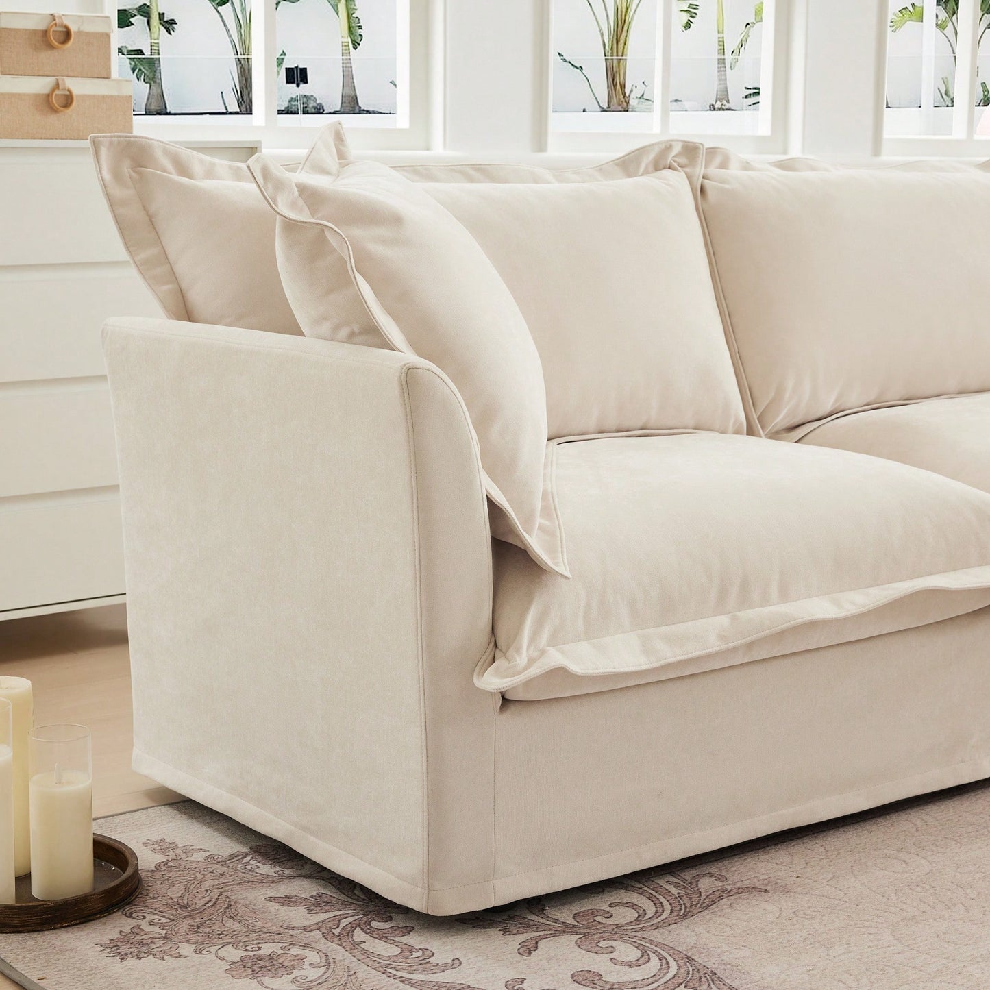 Cozy Slipcovered Armchair With Large Back Cushion And Two Plush Toss Pillows In Soft Chenille Fabric, Deep Seat Design, Elegant Blue Color