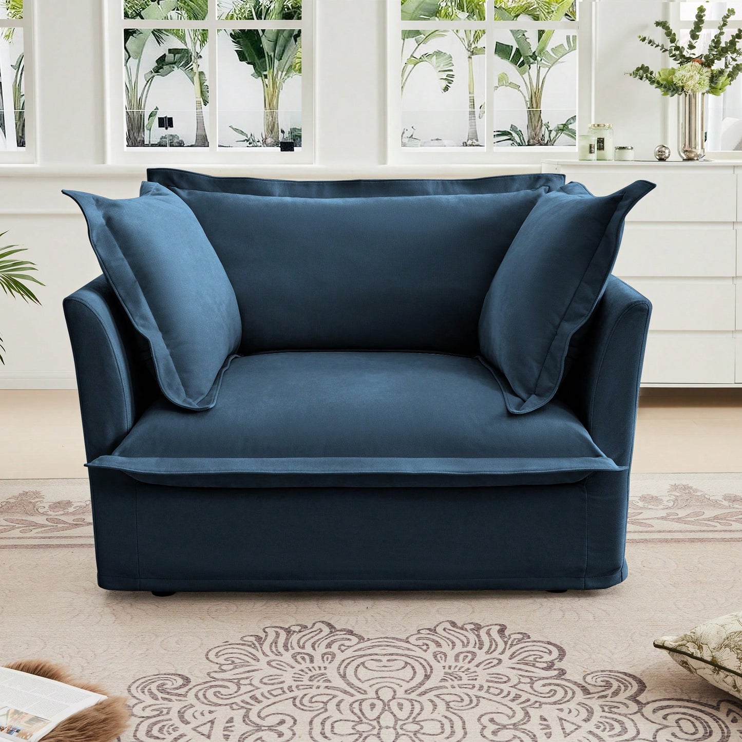 Cozy Slipcovered Armchair With Large Back Cushion And Two Plush Toss Pillows In Soft Chenille Fabric, Deep Seat Design, Elegant Blue Color