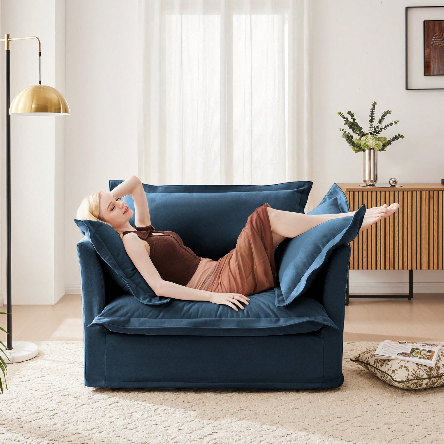 Cozy Slipcovered Armchair With Large Back Cushion And Two Plush Toss Pillows In Soft Chenille Fabric, Deep Seat Design, Elegant Blue Color