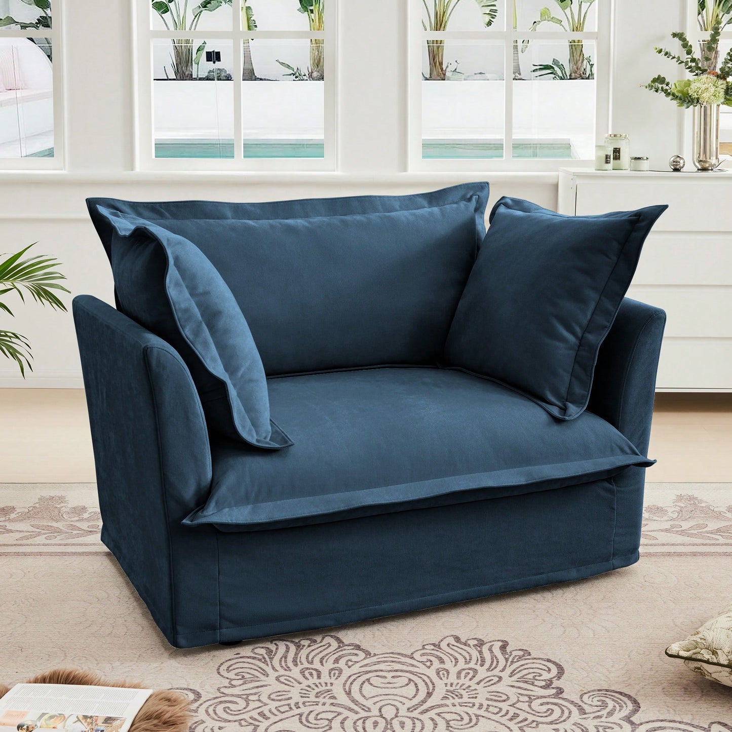 Cozy Slipcovered Armchair With Large Back Cushion And Two Plush Toss Pillows In Soft Chenille Fabric, Deep Seat Design, Elegant Blue Color
