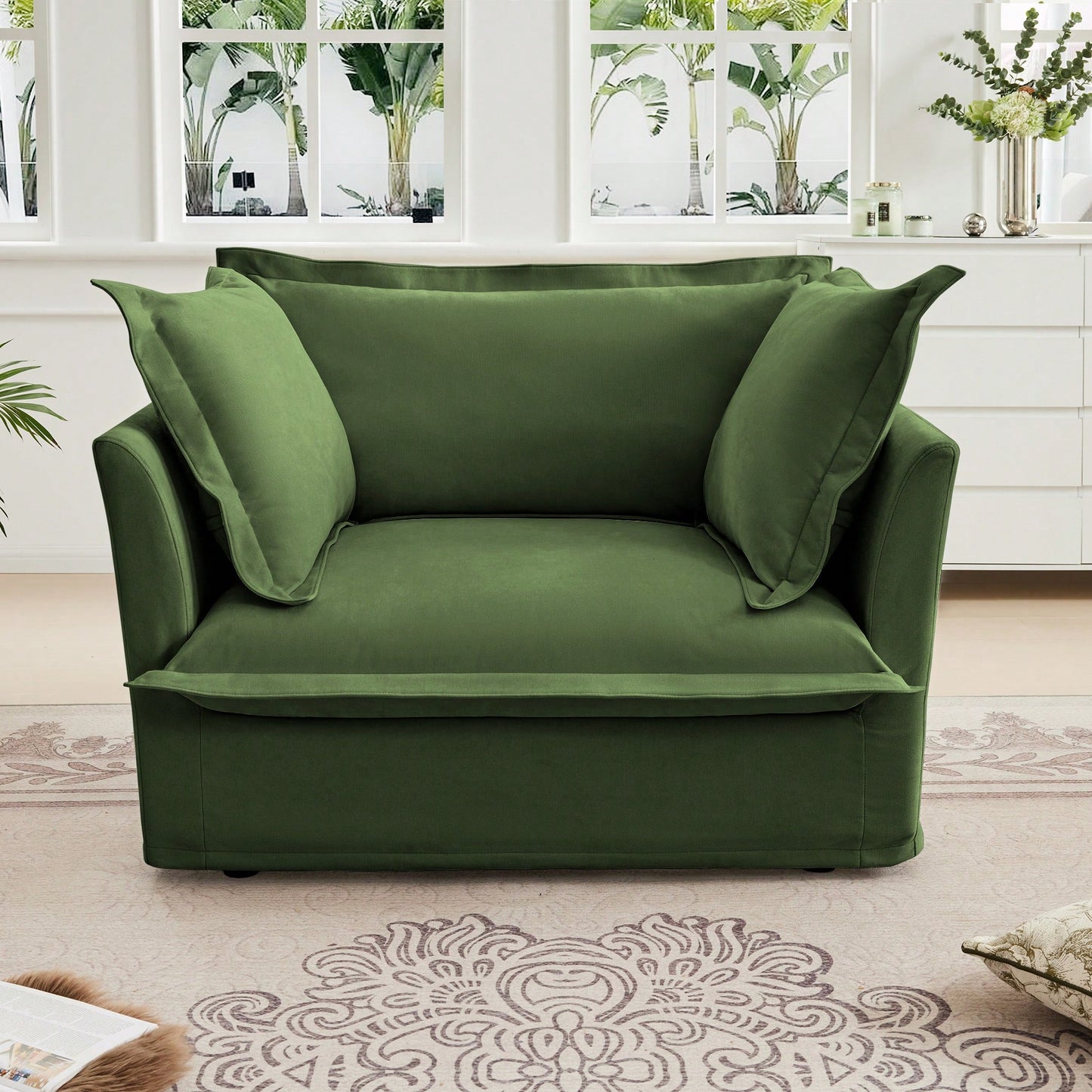 Cozy Slipcovered Armchair With Large Back Cushion And Two Plush Toss Pillows In Soft Chenille Fabric, Deep Seat Design, Elegant Blue Color