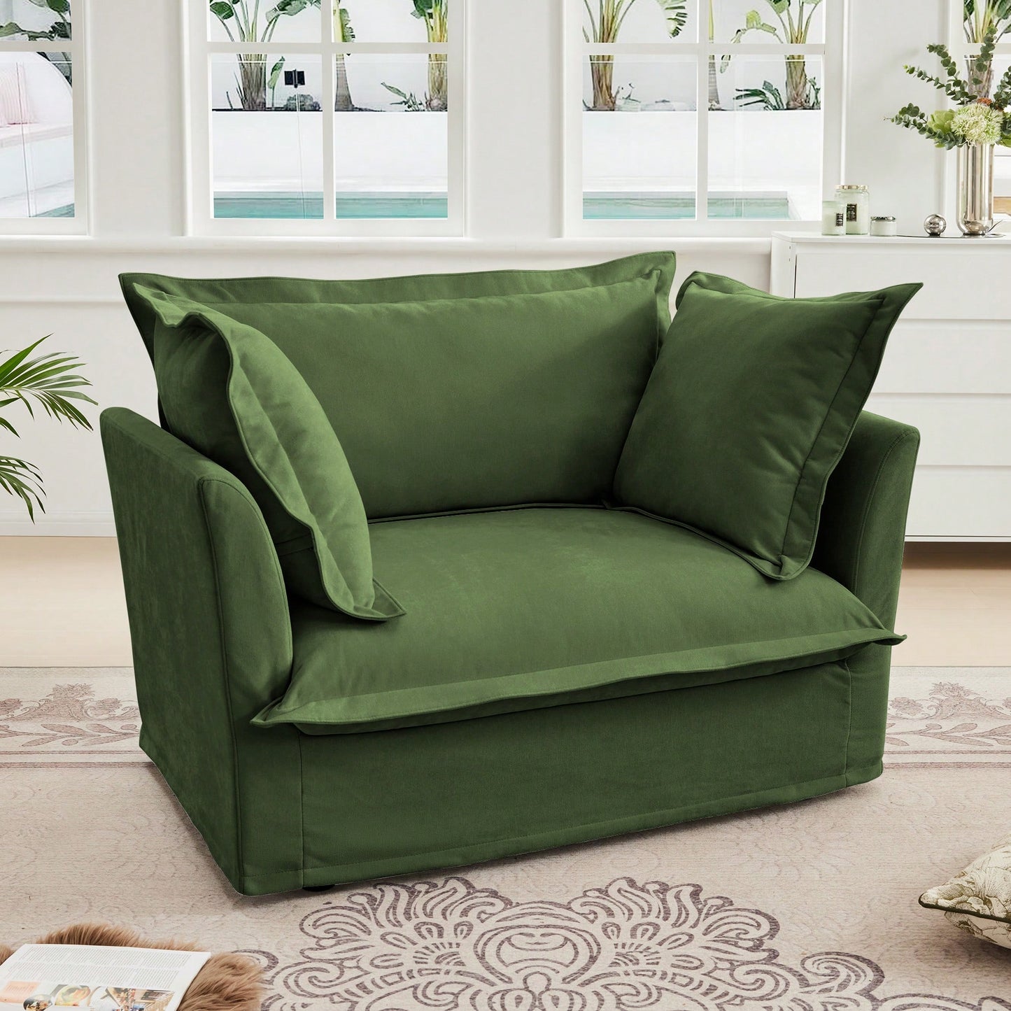 Cozy Slipcovered Armchair With Large Back Cushion And Two Plush Toss Pillows In Soft Chenille Fabric, Deep Seat Design, Elegant Blue Color