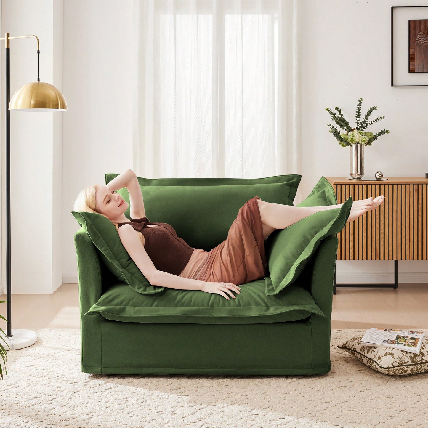 Cozy Slipcovered Armchair With Large Back Cushion And Two Plush Toss Pillows In Soft Chenille Fabric, Deep Seat Design, Elegant Blue Color