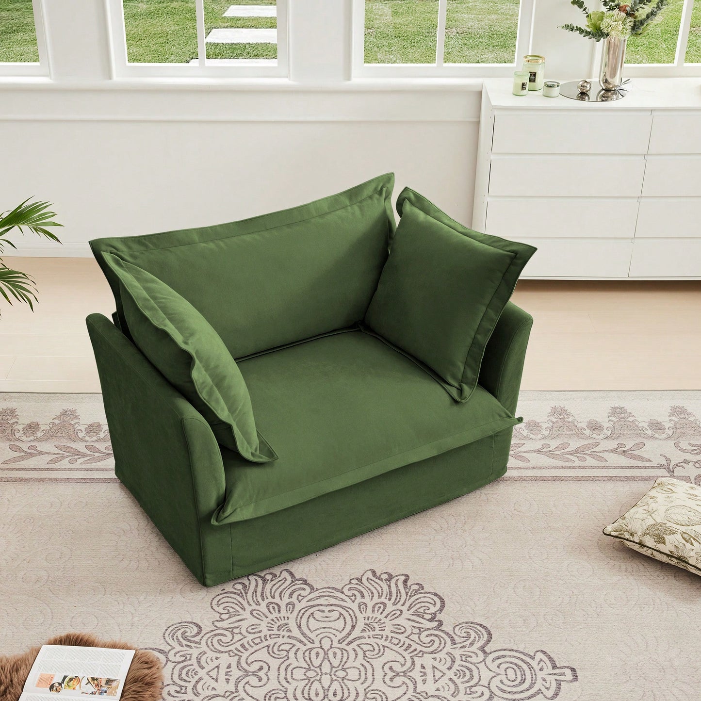 Cozy Slipcovered Armchair With Large Back Cushion And Two Plush Toss Pillows In Soft Chenille Fabric, Deep Seat Design, Elegant Blue Color
