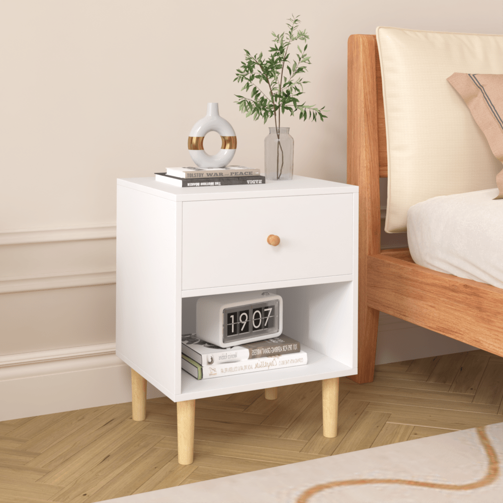 Stylish 23.22 Inch White Wooden Nightstand With Drawer And Shelf For Kids And Adults