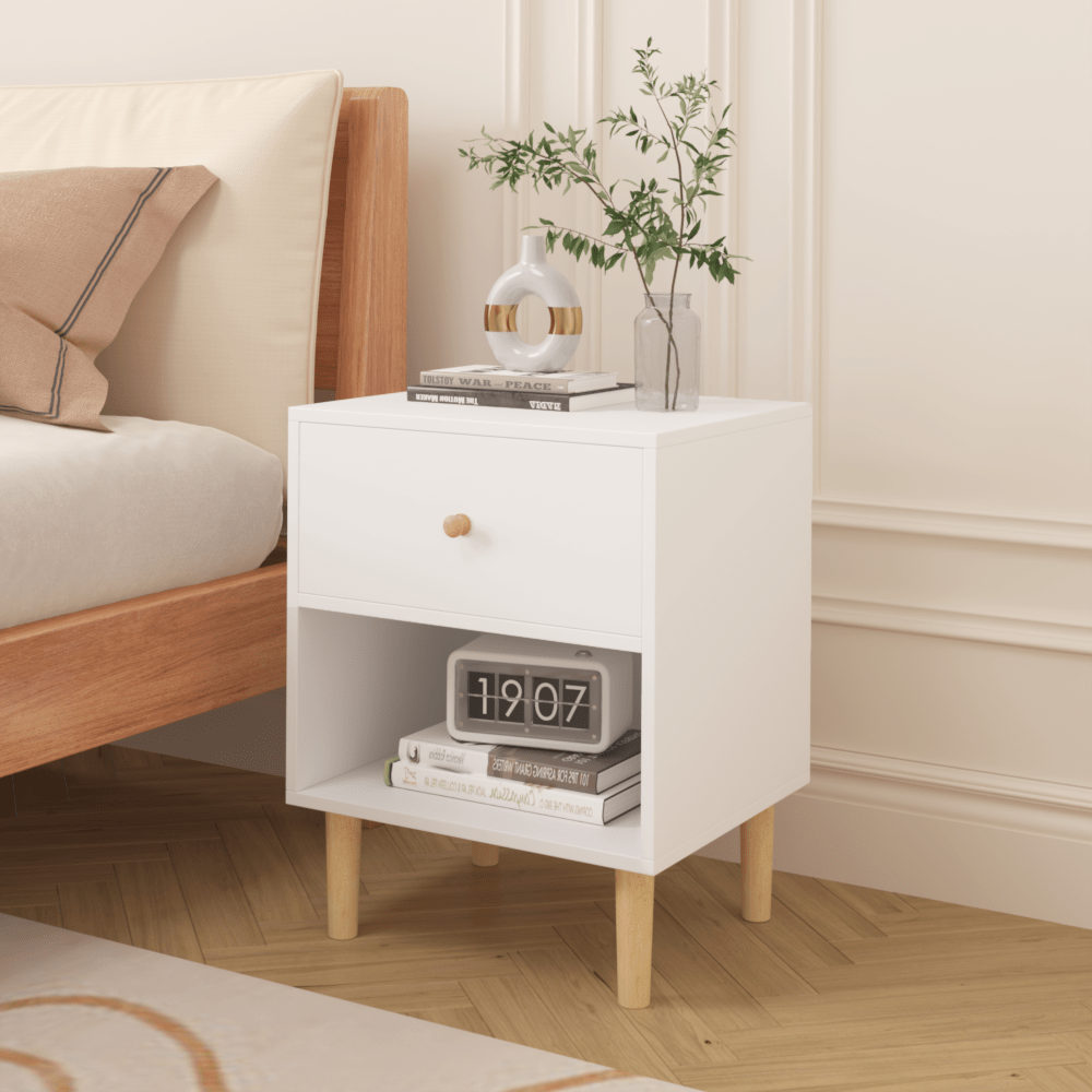 Stylish 23.22 Inch White Wooden Nightstand With Drawer And Shelf For Kids And Adults