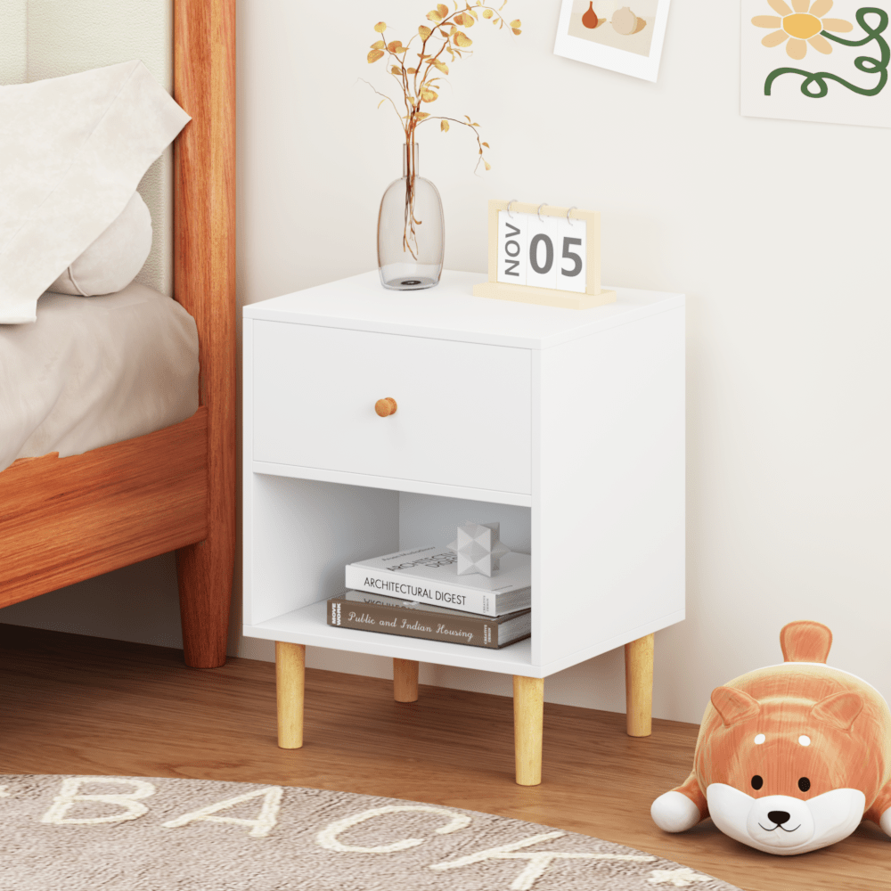 Stylish 23.22 Inch White Wooden Nightstand With Drawer And Shelf For Kids And Adults