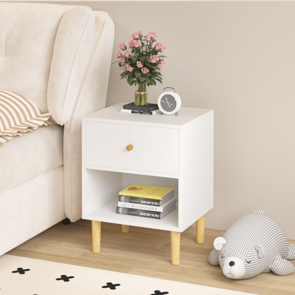 Stylish 23.22 Inch White Wooden Nightstand With Drawer And Shelf For Kids And Adults