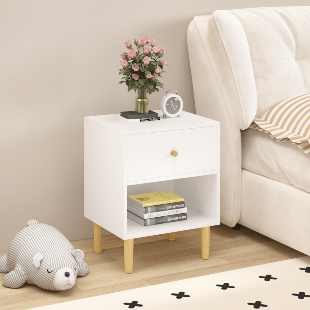 Stylish 23.22 Inch White Wooden Nightstand With Drawer And Shelf For Kids And Adults