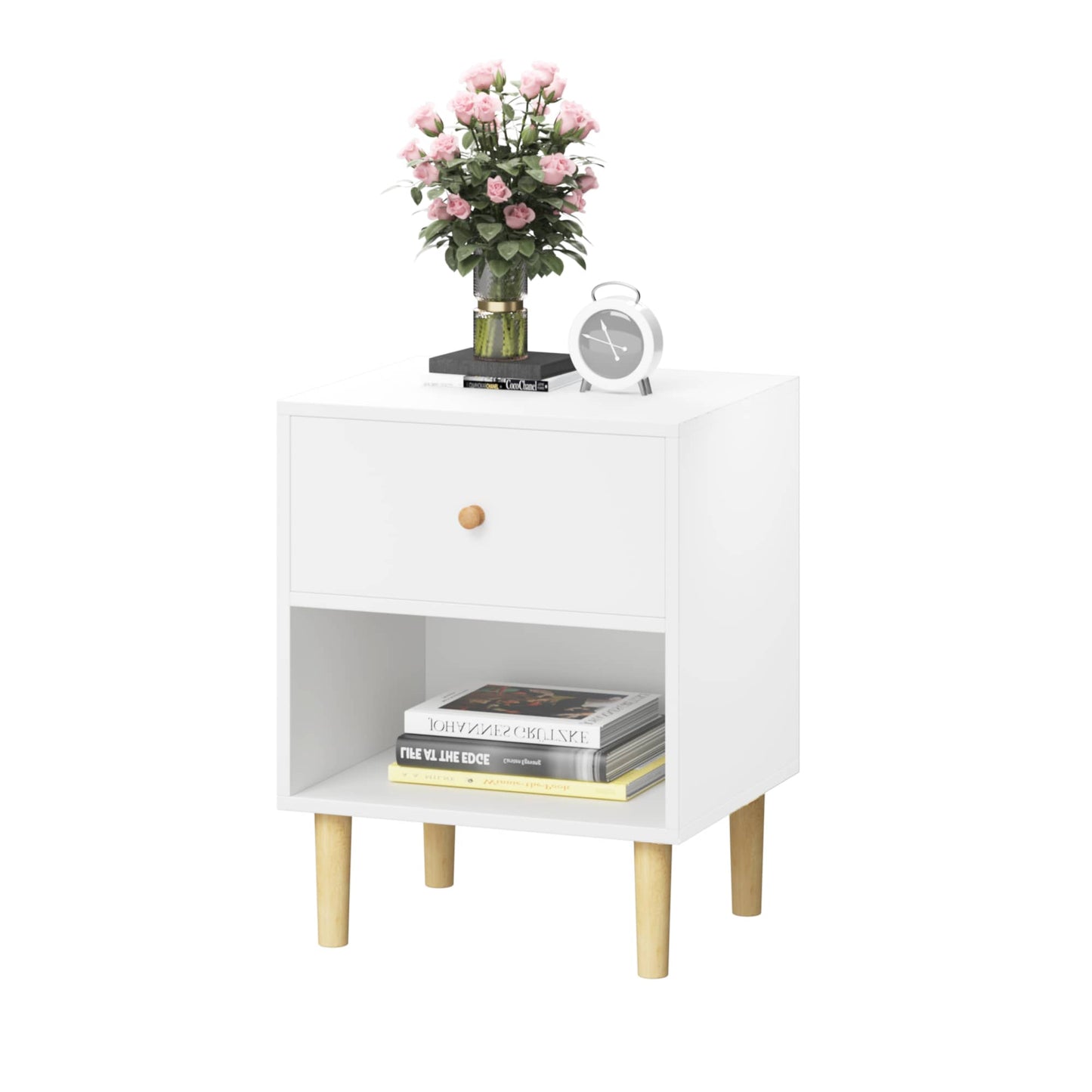 Stylish 23.22 Inch White Wooden Nightstand With Drawer And Shelf For Kids And Adults