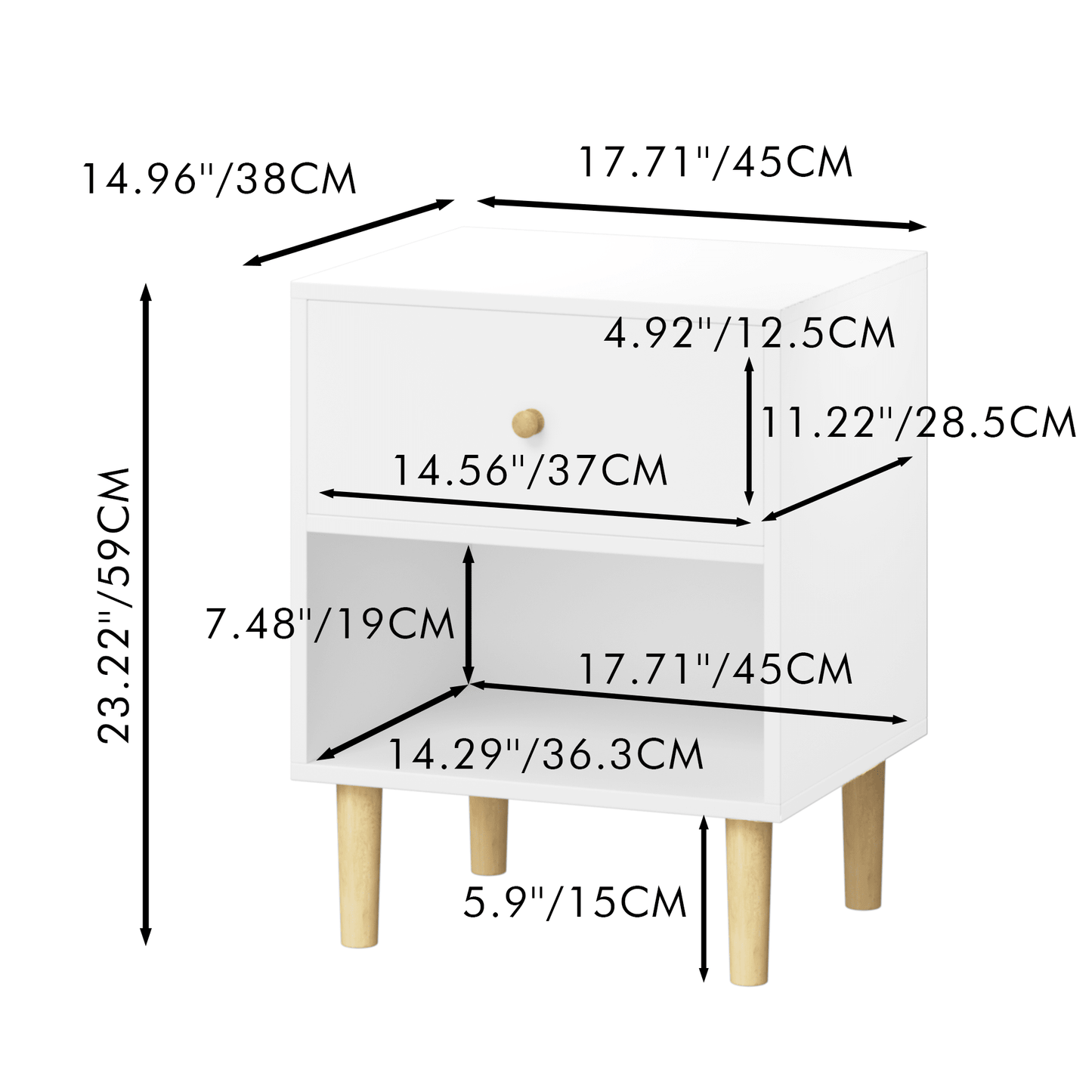 Stylish 23.22 Inch White Wooden Nightstand With Drawer And Shelf For Kids And Adults