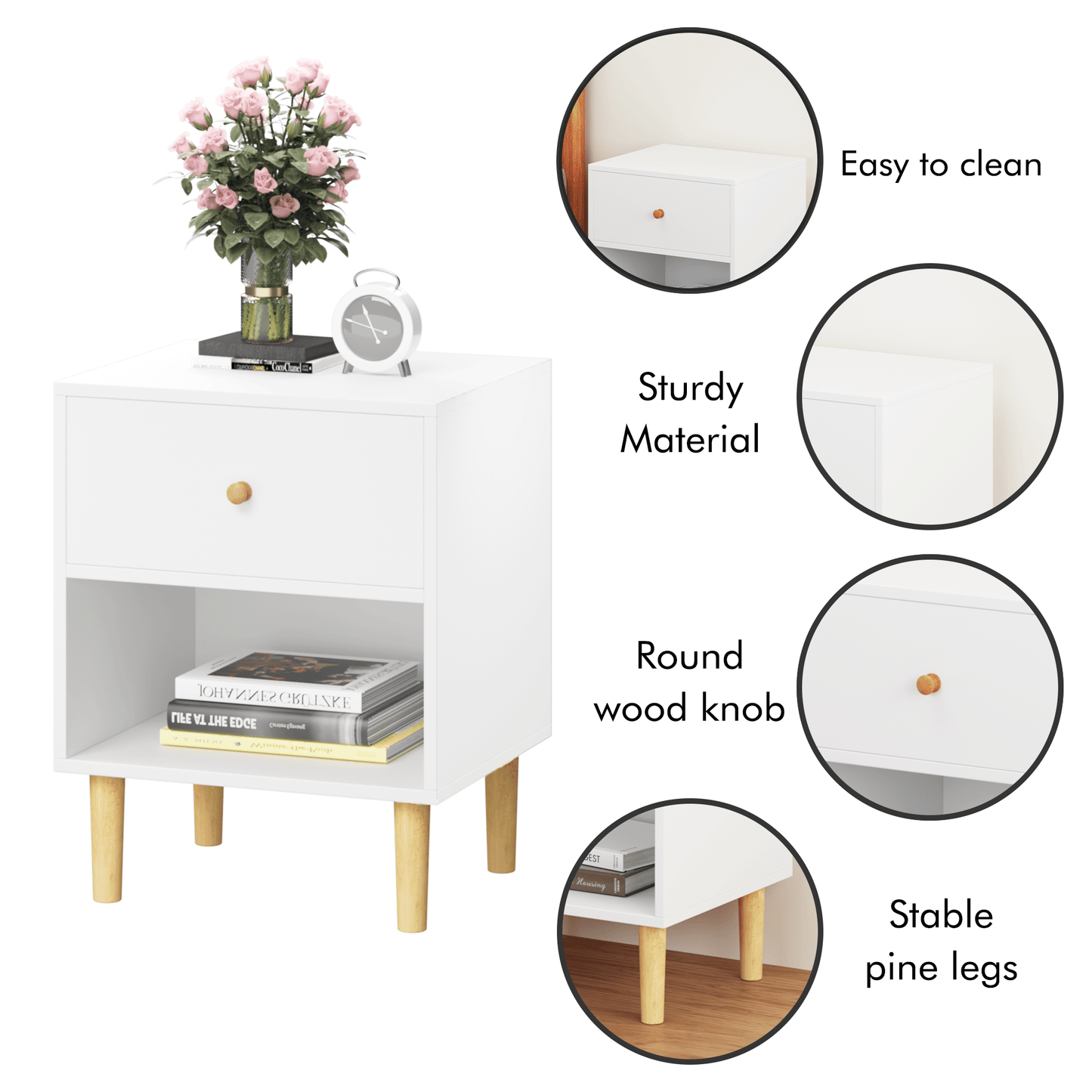 Stylish 23.22 Inch White Wooden Nightstand With Drawer And Shelf For Kids And Adults