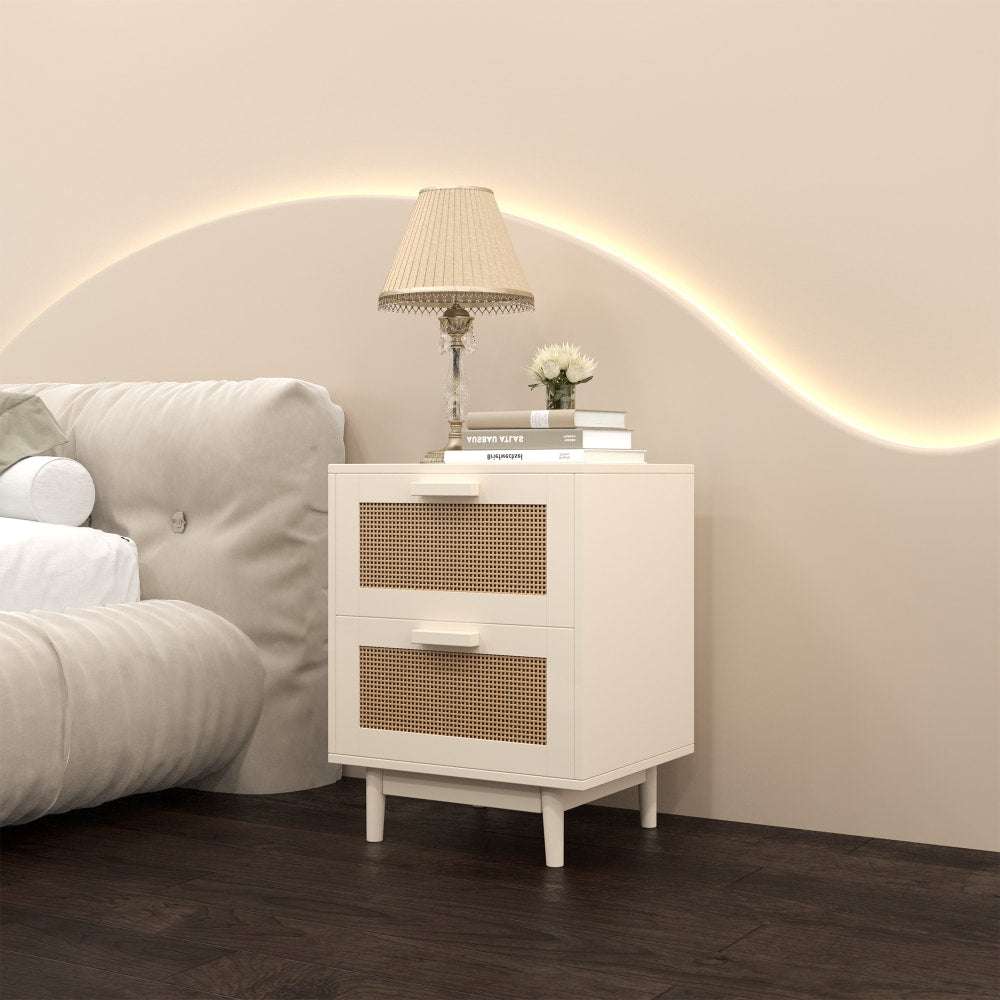 Faux Rattan-Decorated Wood Nightstand With 2 Drawers For Bedroom And Living Room Storage