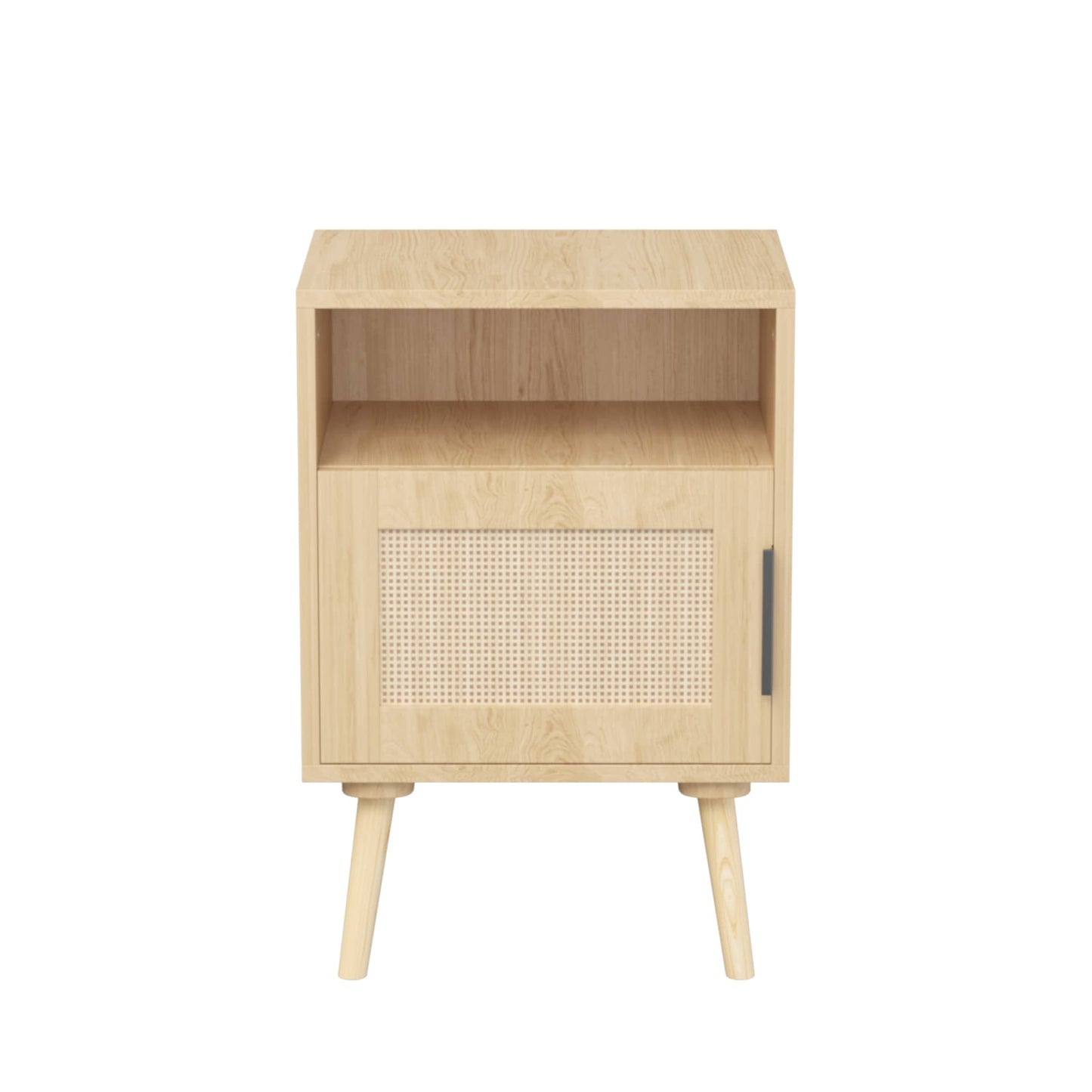 22.83 Inch Tall Rattan Nightstand With Open Shelf And Solid Wood Legs For Bedroom And Small Spaces In Oak Finish