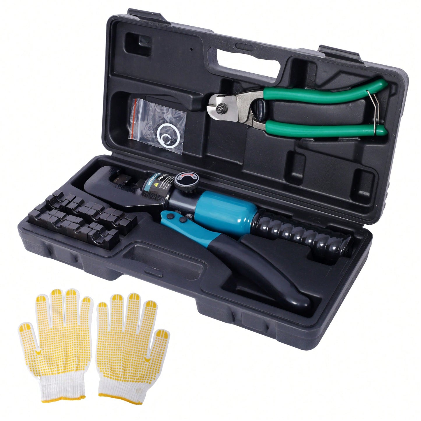 Hydraulic Wire Terminal Crimper Tool With 9 Pairs Of Dies And Gloves For Battery Cable Lug Crimping And Swaging