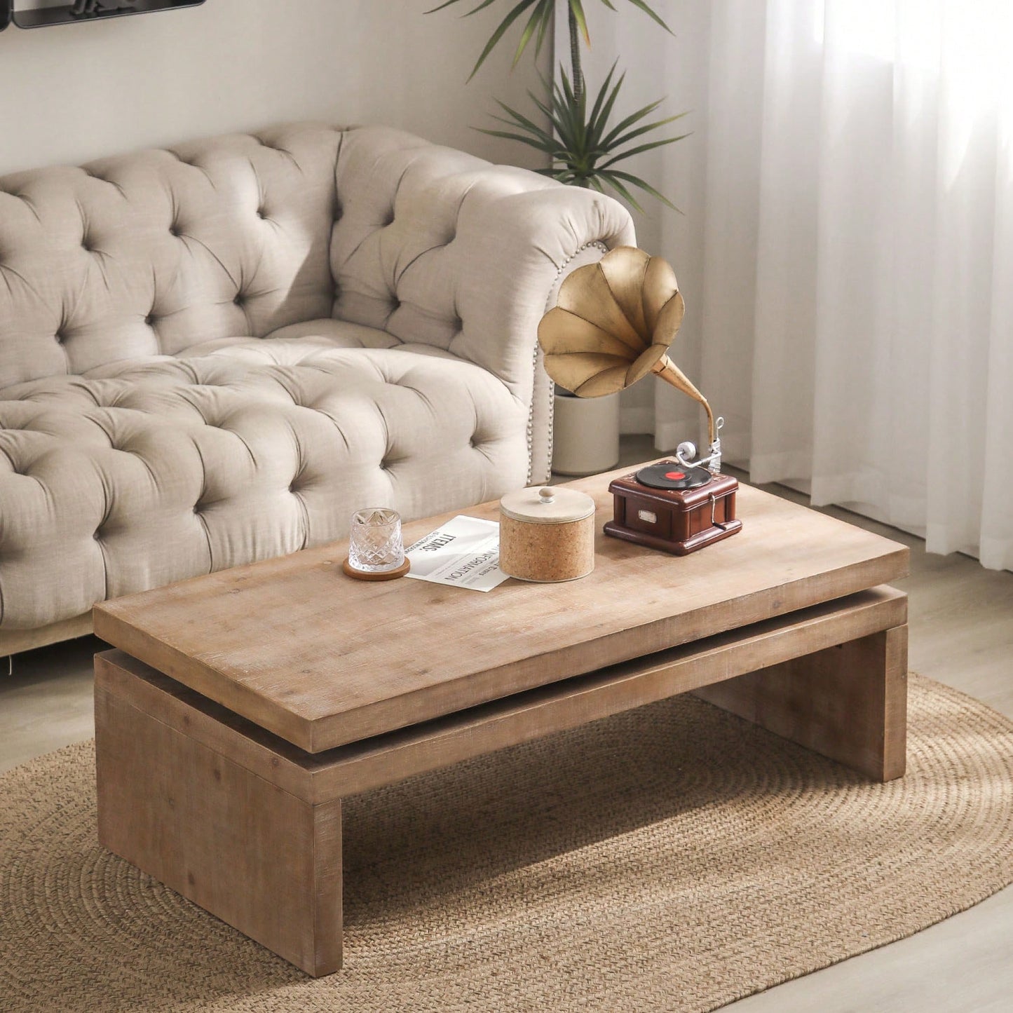 Versatile Natural Wood 2-Tier Coffee Table For Living Room 47.6" L X 23.6" W X 16.3" H