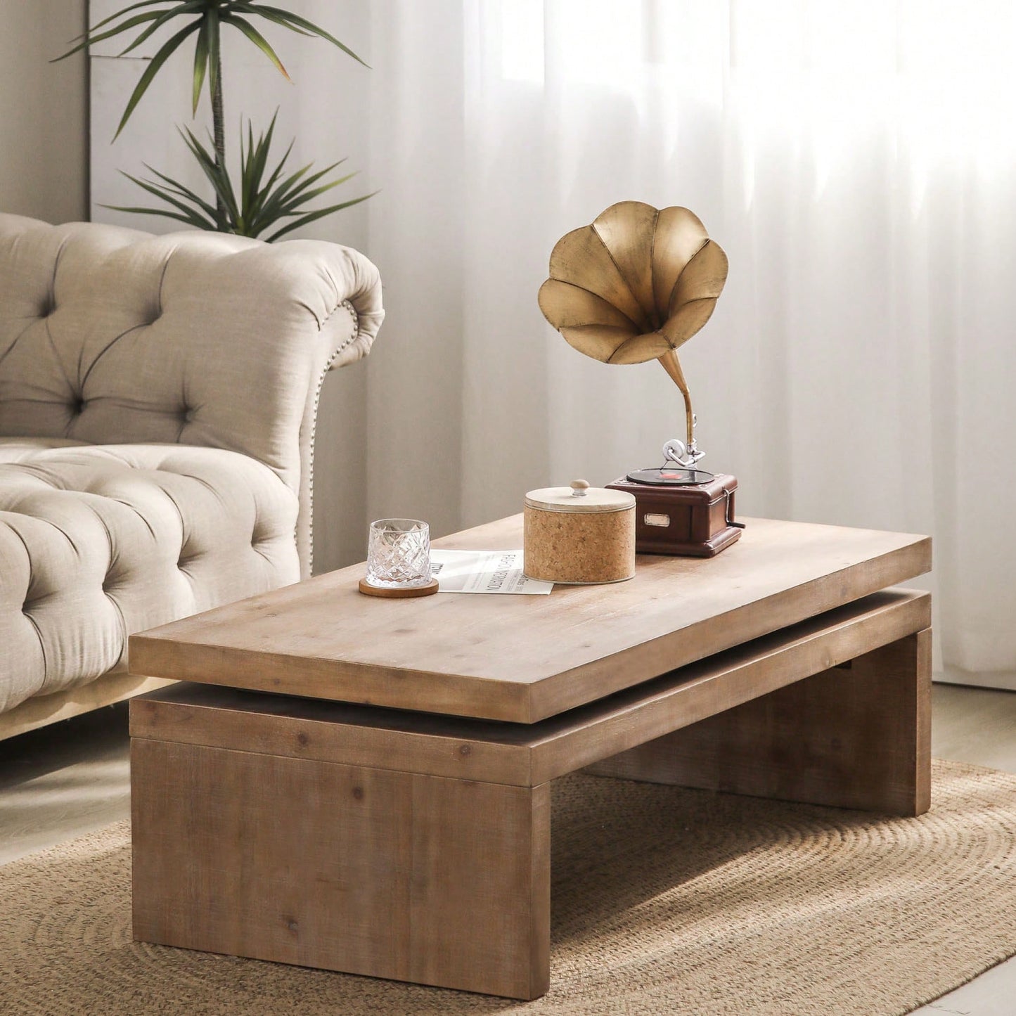 Versatile Natural Wood 2-Tier Coffee Table For Living Room 47.6" L X 23.6" W X 16.3" H