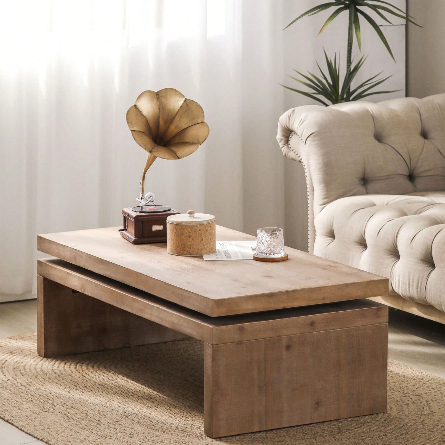 Versatile Natural Wood 2-Tier Coffee Table For Living Room 47.6" L X 23.6" W X 16.3" H