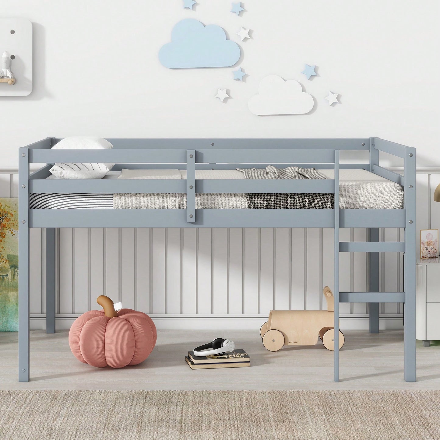 Solid Wood Twin Loft Bed With Ladder And Reinforced Slats In Grey Finish