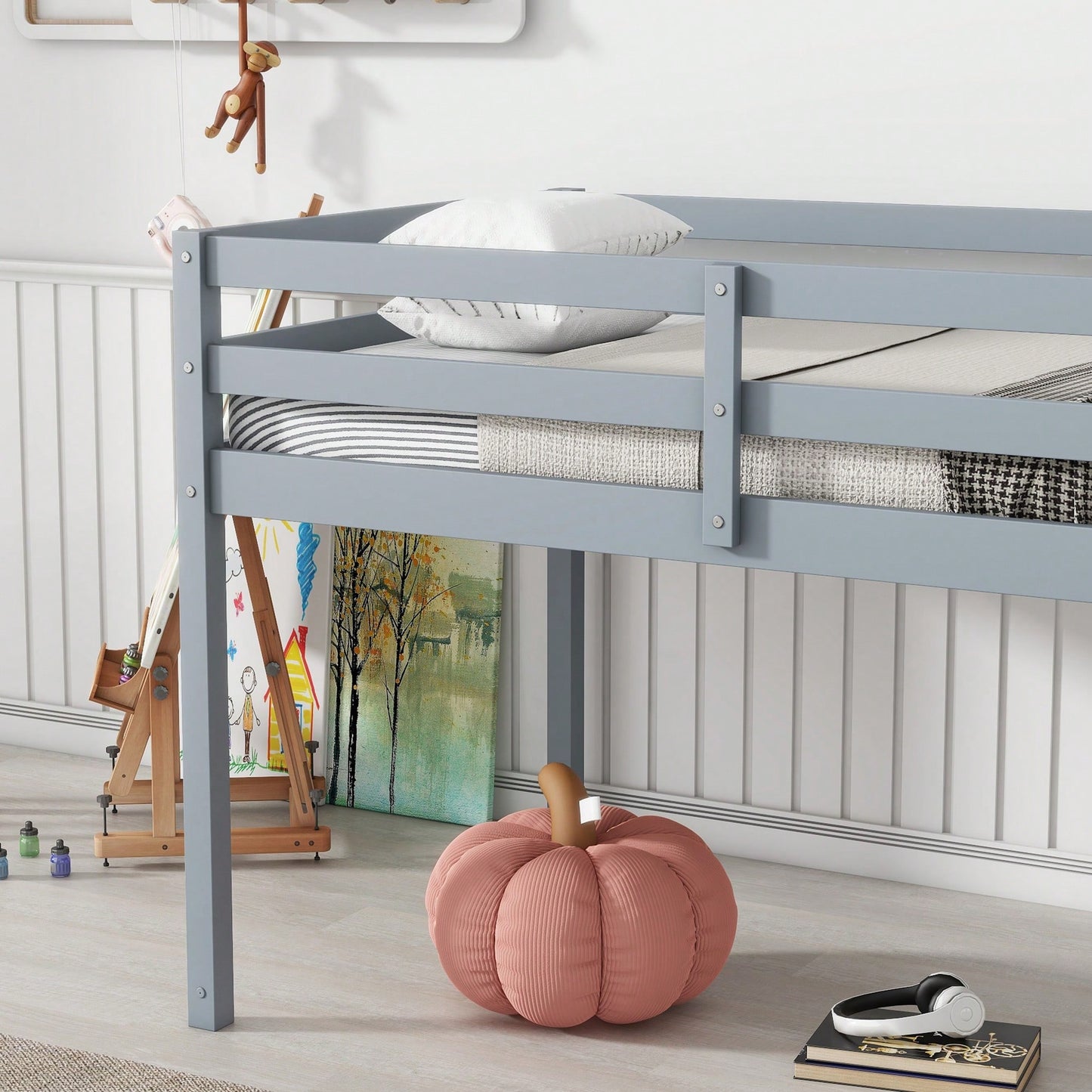 Solid Wood Twin Loft Bed With Ladder And Reinforced Slats In Grey Finish