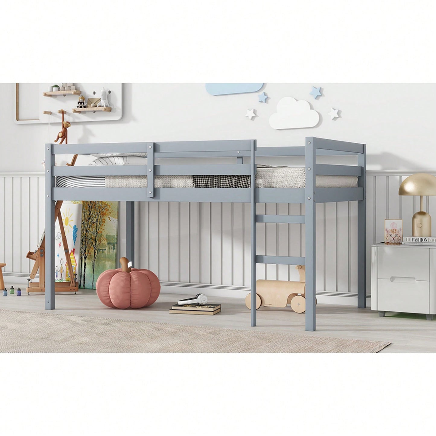 Solid Wood Twin Loft Bed With Ladder And Reinforced Slats In Grey Finish