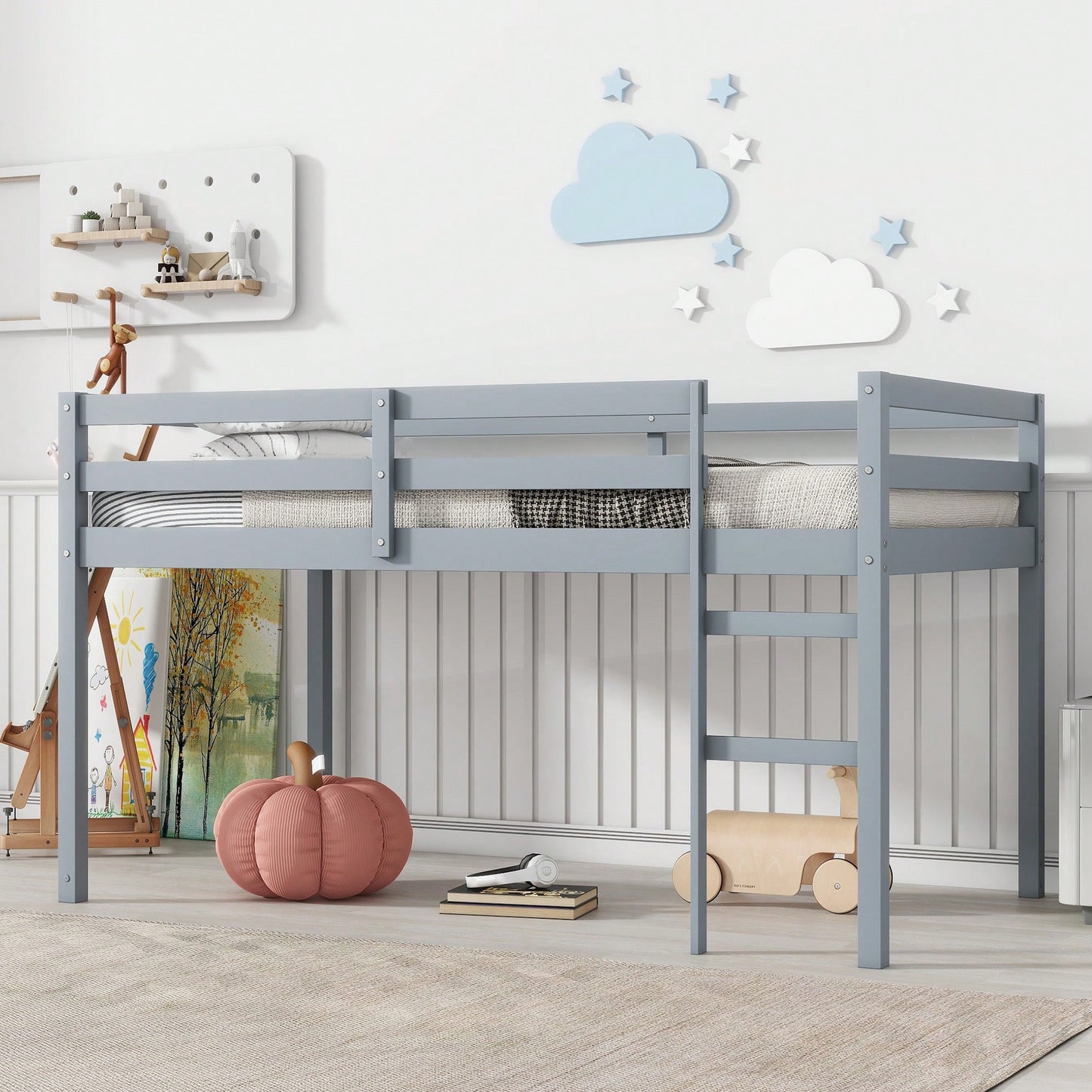 Solid Wood Twin Loft Bed With Ladder And Reinforced Slats In Grey Finish