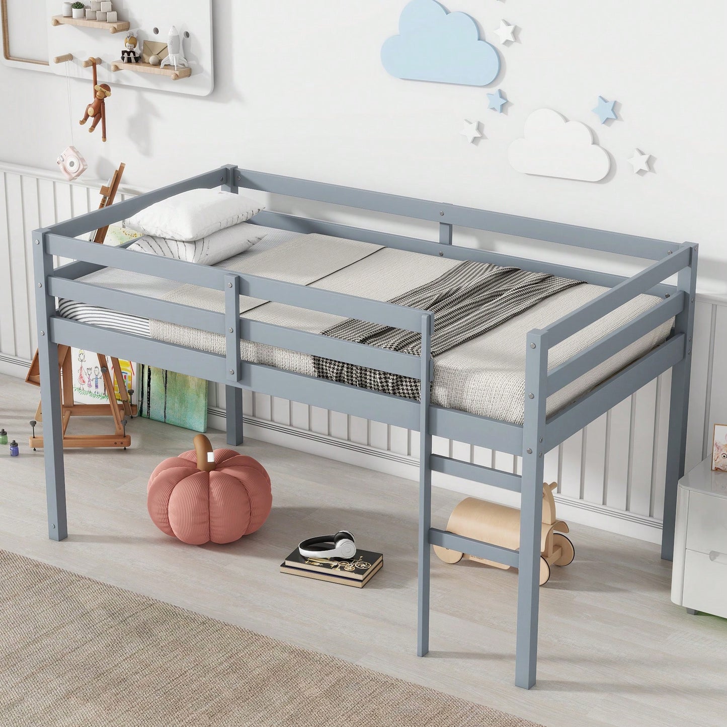 Solid Wood Twin Loft Bed With Ladder And Reinforced Slats In Grey Finish