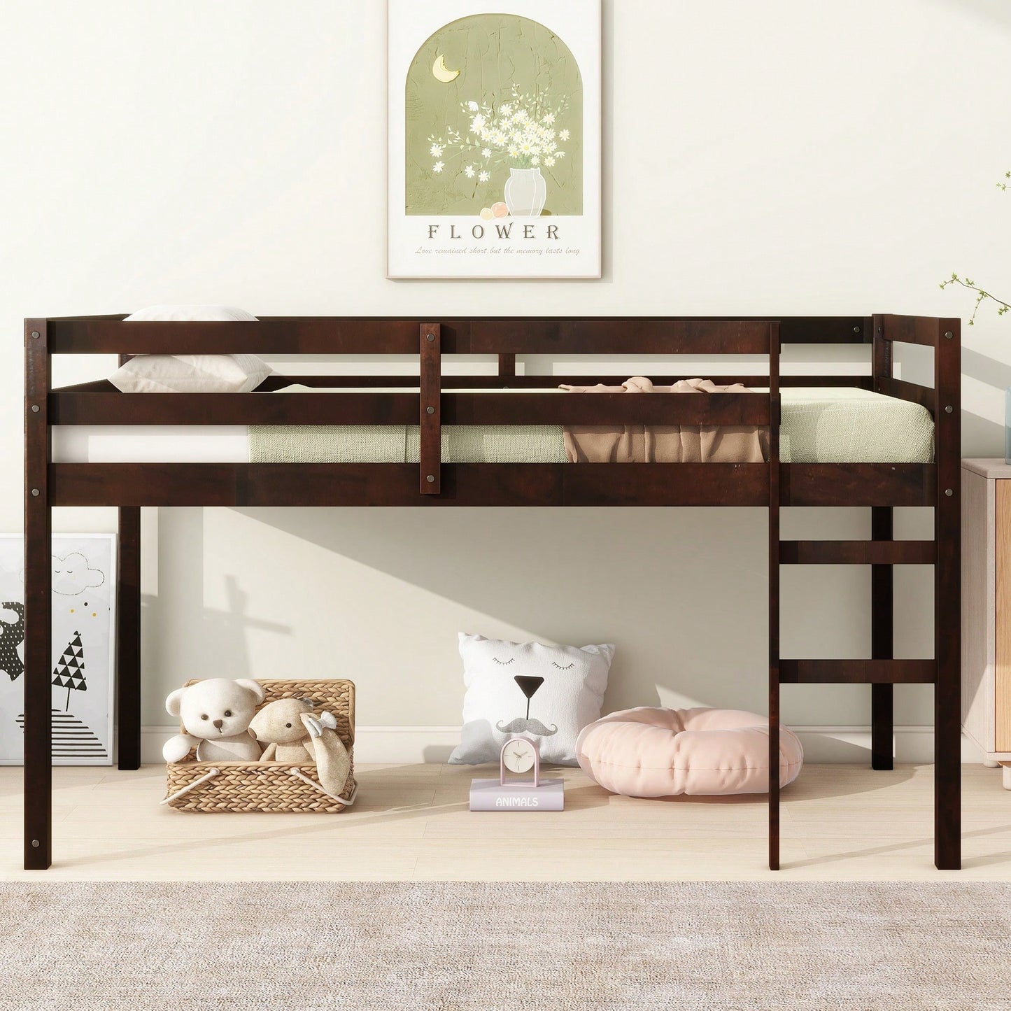 Solid Wood Twin Loft Bed With Ladder And Reinforced Slats In Grey Finish