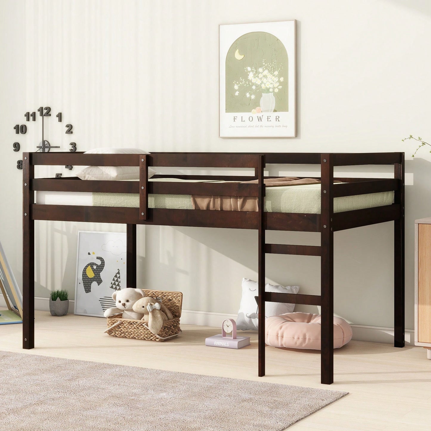 Solid Wood Twin Loft Bed With Ladder And Reinforced Slats In Grey Finish