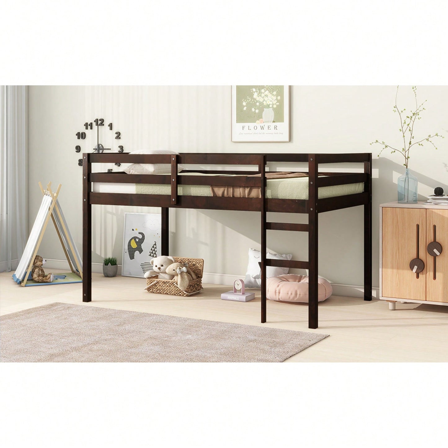 Solid Wood Twin Loft Bed With Ladder And Reinforced Slats In Grey Finish