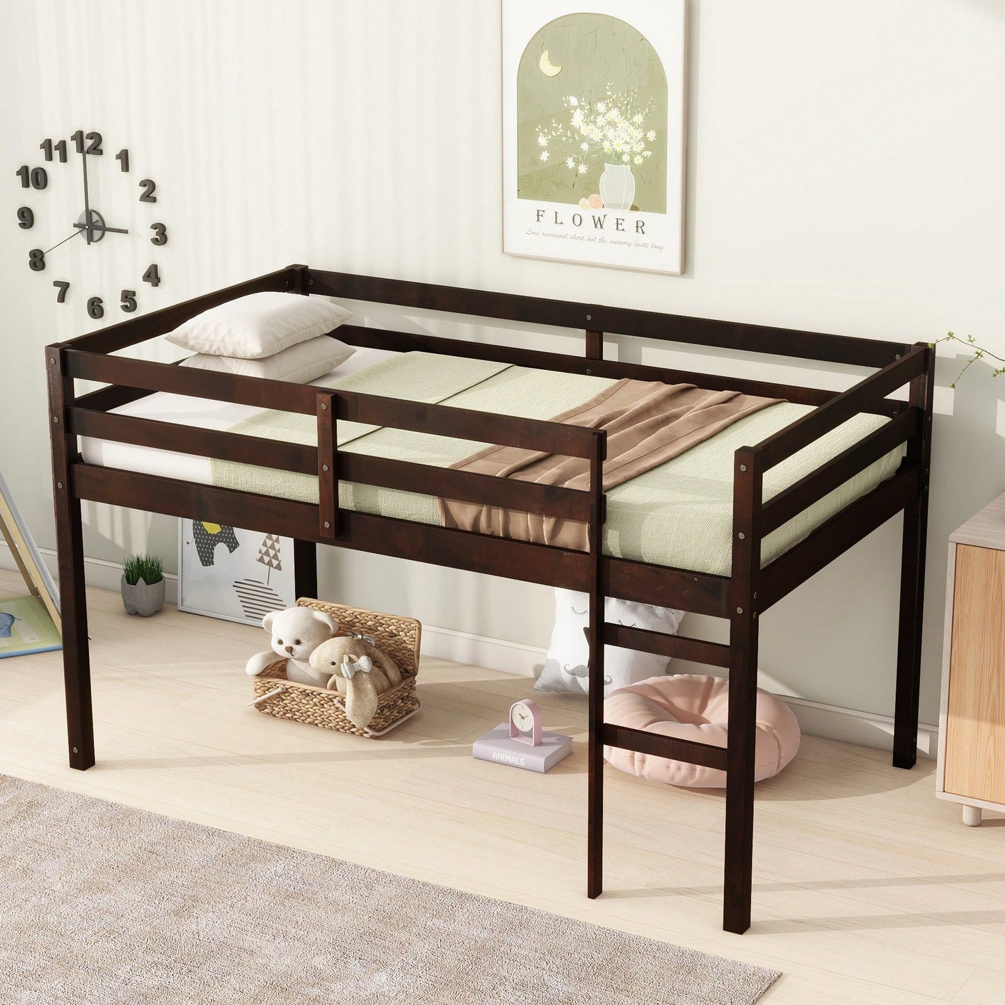 Solid Wood Twin Loft Bed With Ladder And Reinforced Slats In Grey Finish