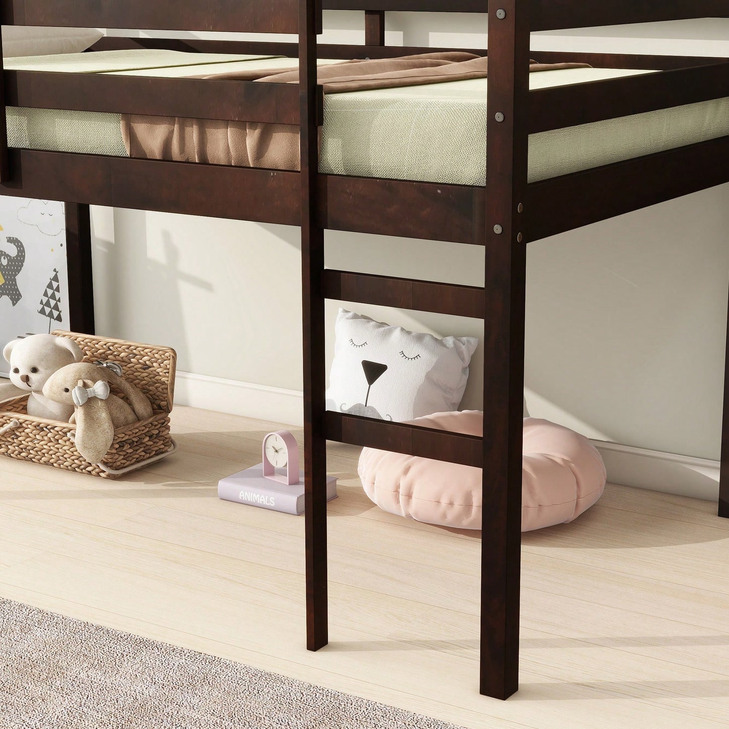 Solid Wood Twin Loft Bed With Ladder And Reinforced Slats In Grey Finish