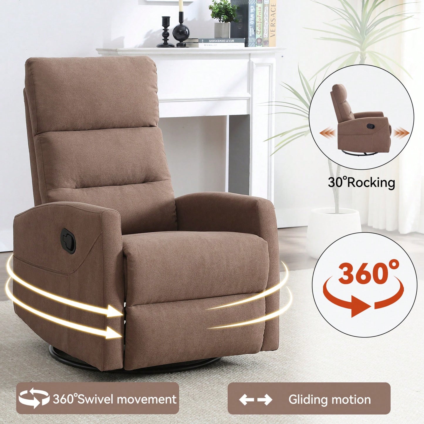 Fabric Manual Recliner Chair With Rocker And Swivel For Living Room Comfort Yellow