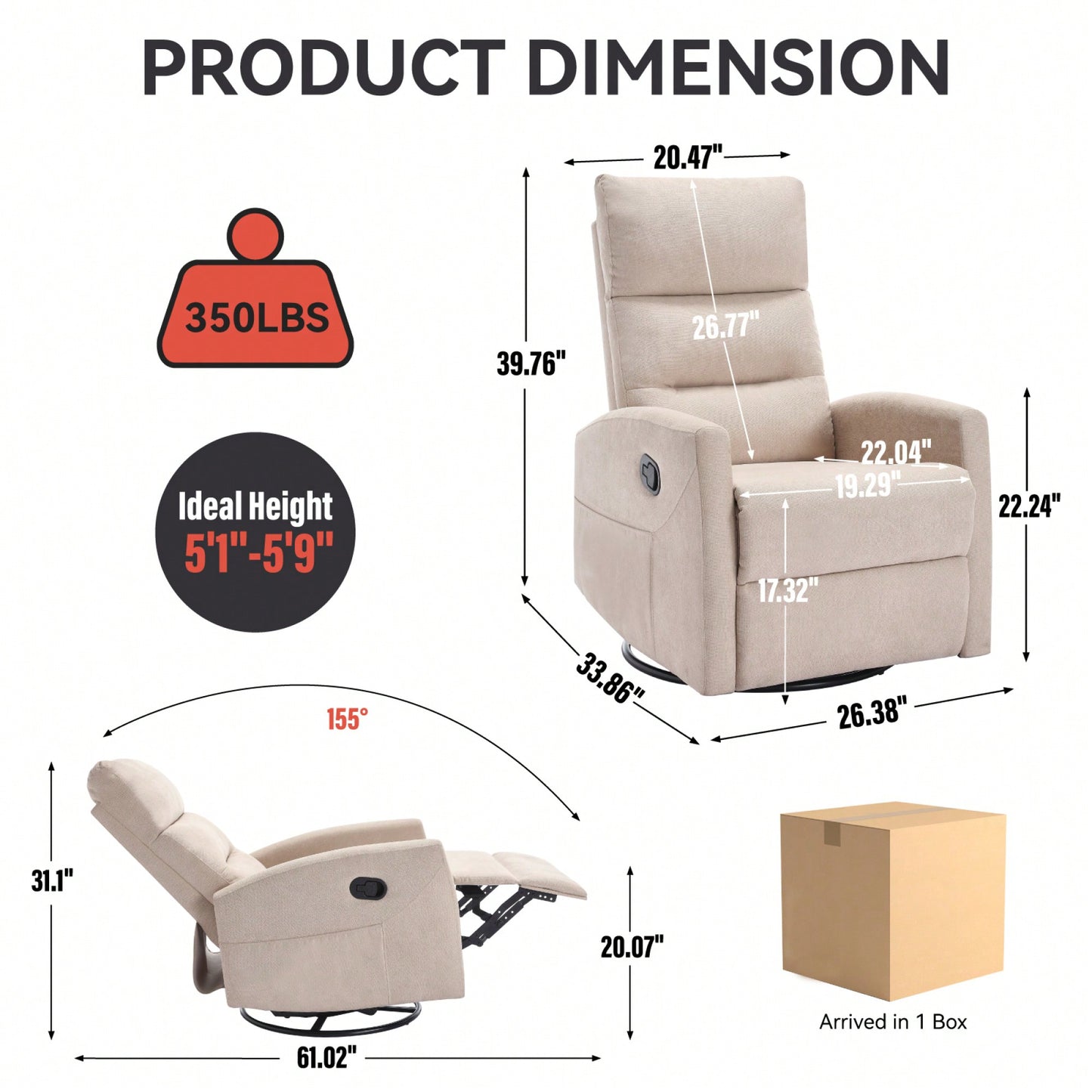 Fabric Manual Recliner Chair With Rocker And Swivel For Living Room Comfort Yellow