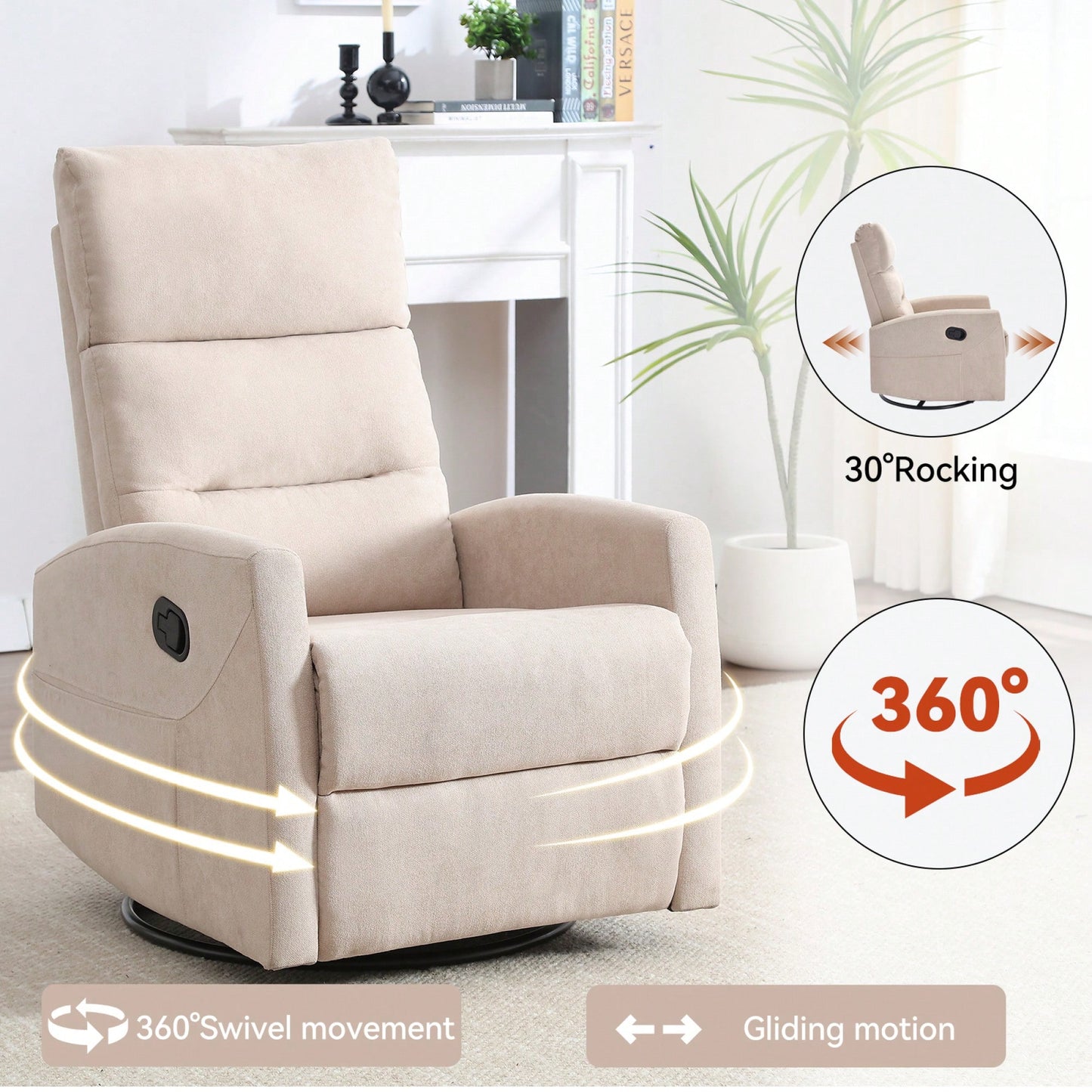 Fabric Manual Recliner Chair With Rocker And Swivel For Living Room Comfort Yellow