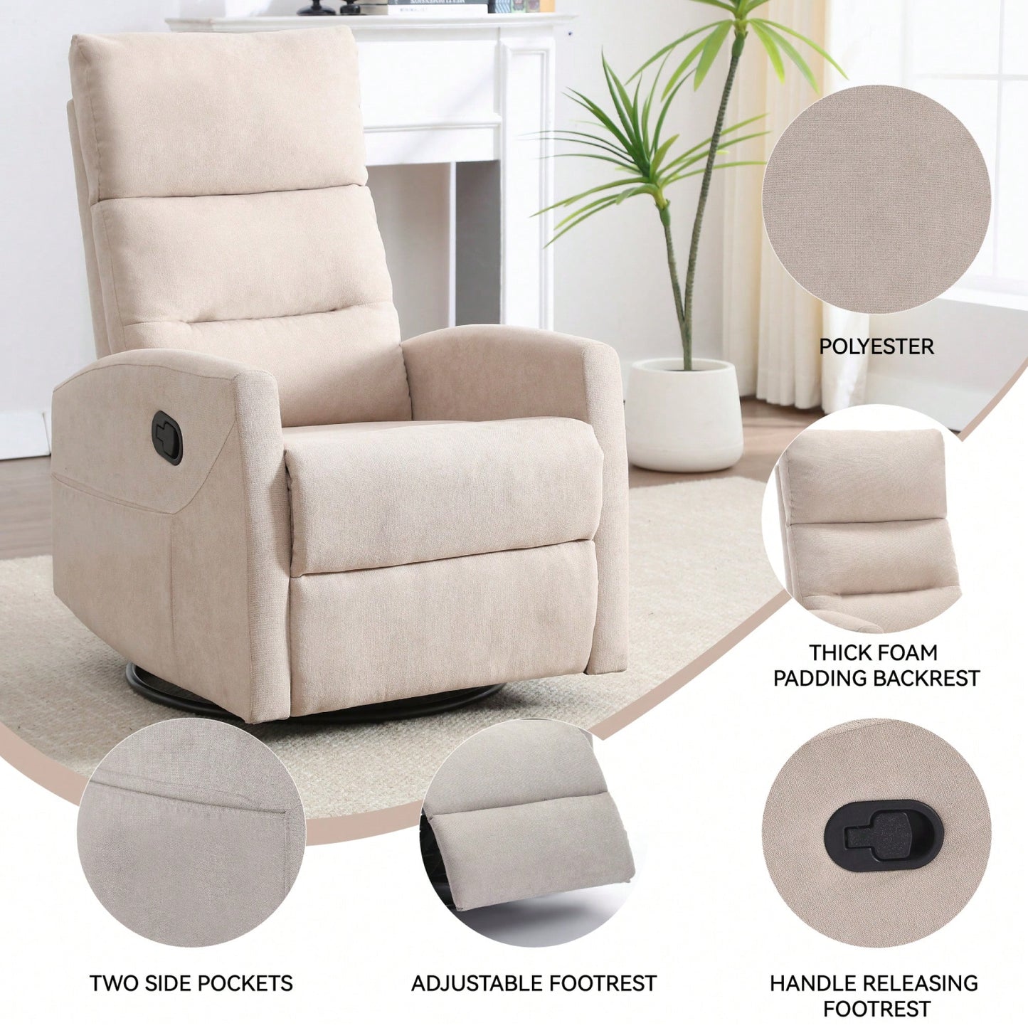 Fabric Manual Recliner Chair With Rocker And Swivel For Living Room Comfort Yellow