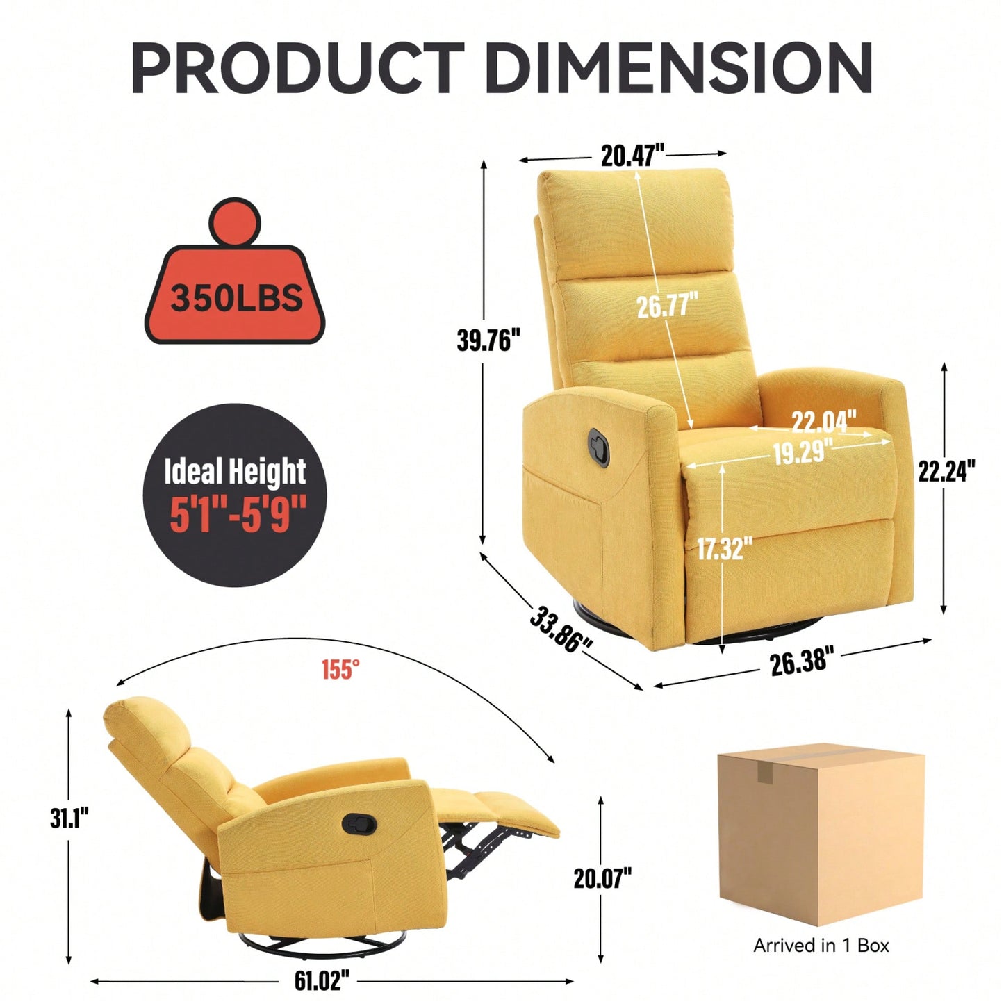 Fabric Manual Recliner Chair With Rocker And Swivel For Living Room Comfort Yellow