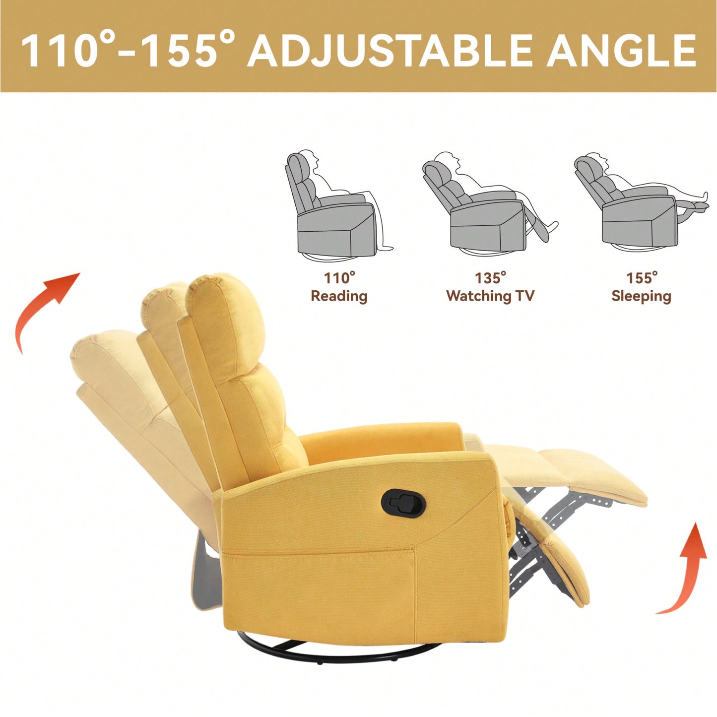 Fabric Manual Recliner Chair With Rocker And Swivel For Living Room Comfort Yellow