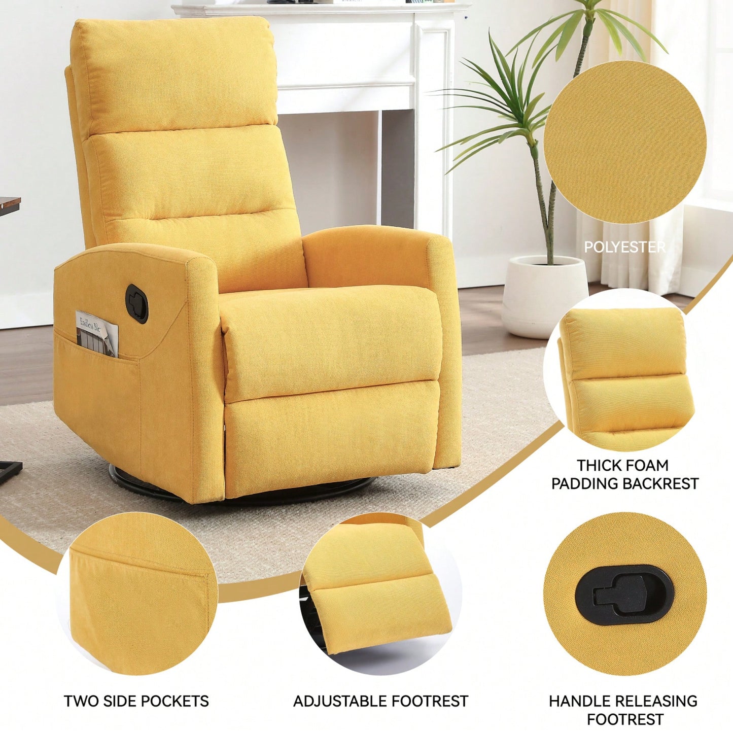 Fabric Manual Recliner Chair With Rocker And Swivel For Living Room Comfort Yellow