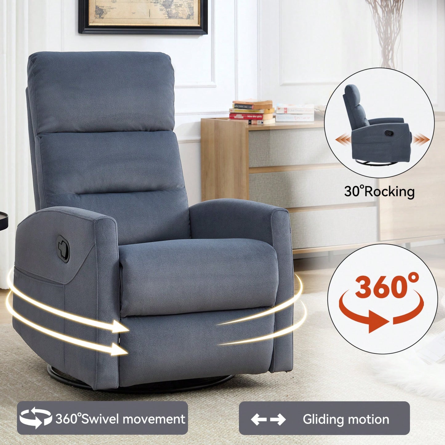 Fabric Manual Recliner Chair With Rocker And Swivel For Living Room Comfort Yellow