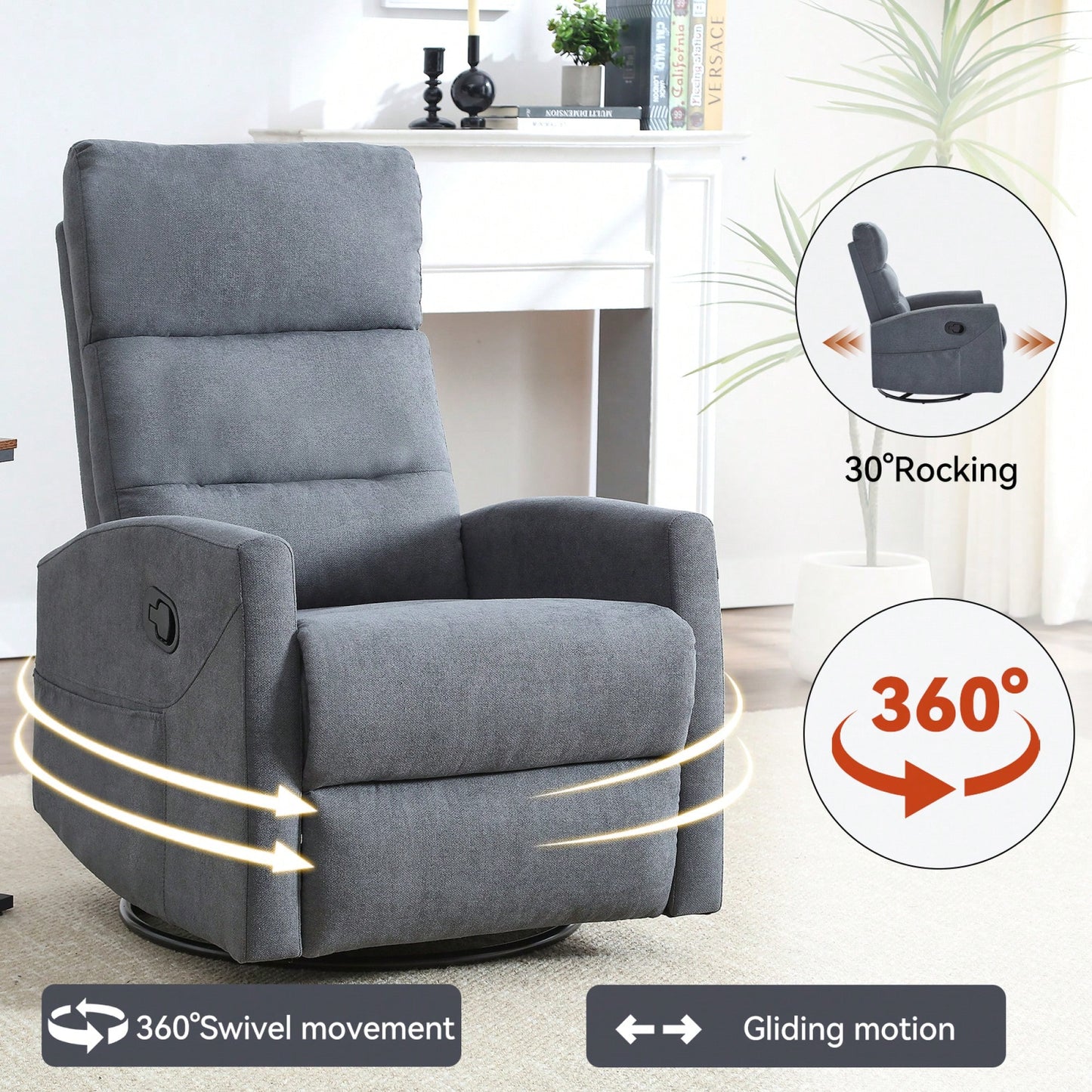 Fabric Manual Recliner Chair With Rocker And Swivel For Living Room Comfort Yellow