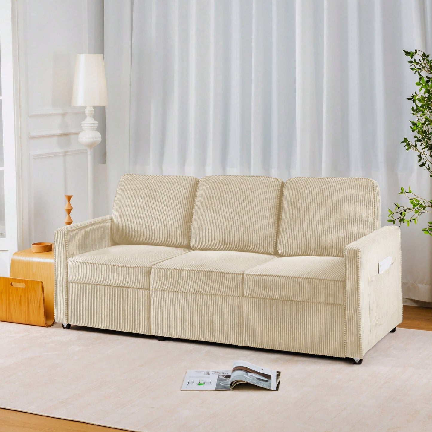Corduroy Retractable 3 Seater Sofa For Small Spaces Easy Assembly Flexible Design Ideal For Living Rooms And Apartments Cream White