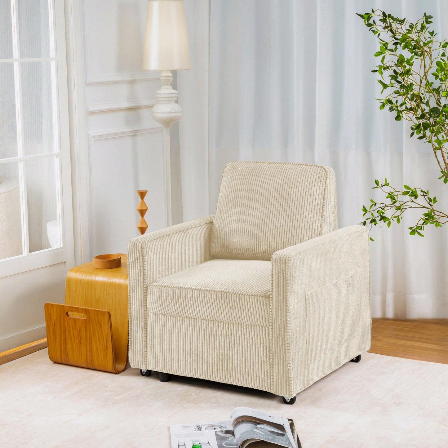 Corduroy Retractable 3 Seater Sofa For Small Spaces Easy Assembly Flexible Design Ideal For Living Rooms And Apartments Cream White