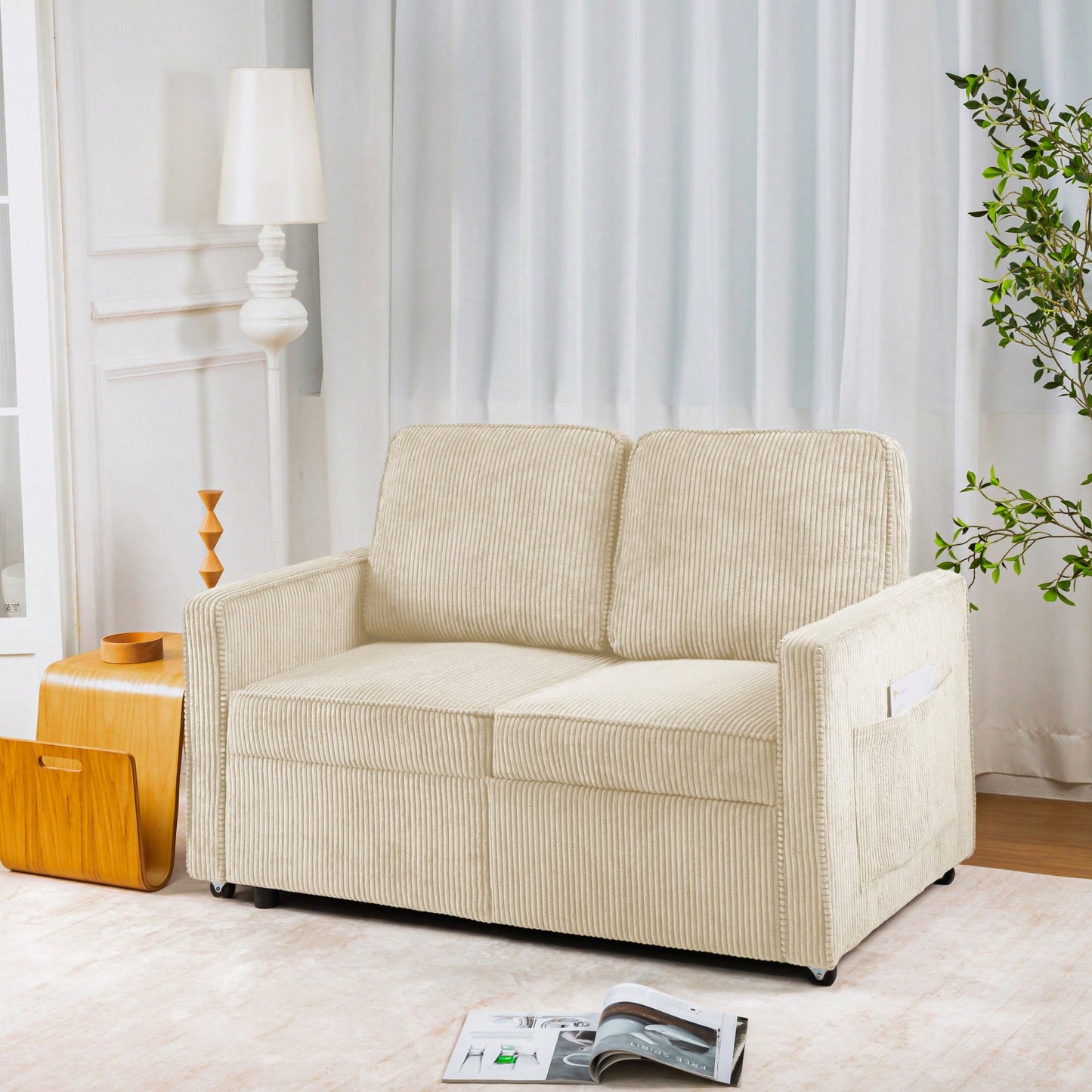 Corduroy Retractable 3 Seater Sofa For Small Spaces Easy Assembly Flexible Design Ideal For Living Rooms And Apartments Cream White