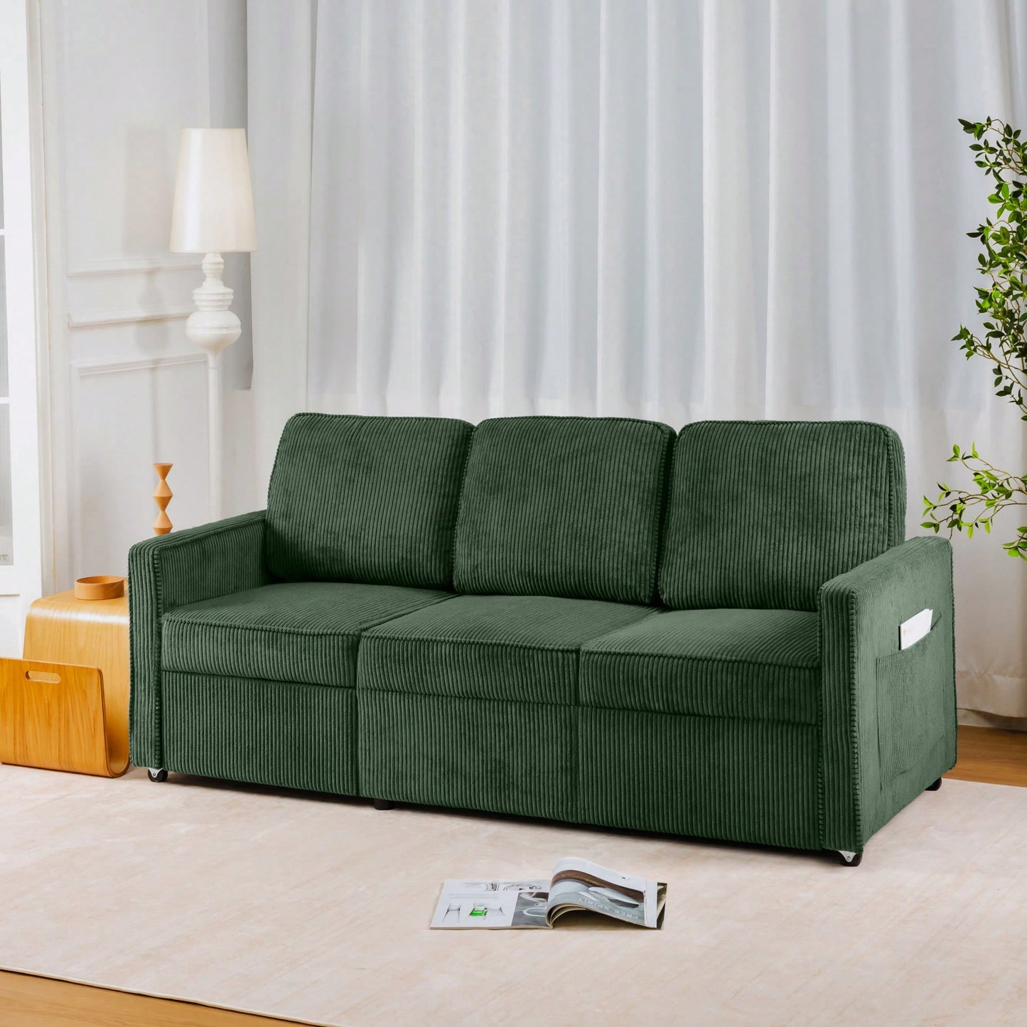 Corduroy Retractable 3 Seater Sofa For Small Spaces Easy Assembly Flexible Design Ideal For Living Rooms And Apartments Cream White