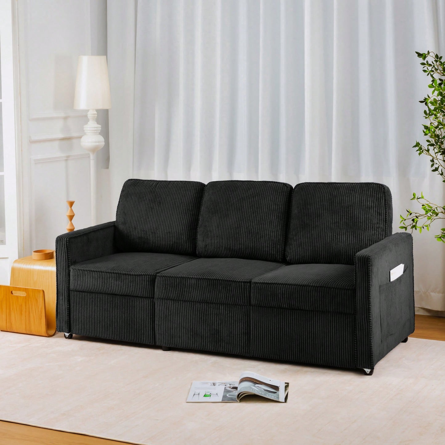 Corduroy Retractable 3 Seater Sofa For Small Spaces Easy Assembly Flexible Design Ideal For Living Rooms And Apartments Cream White