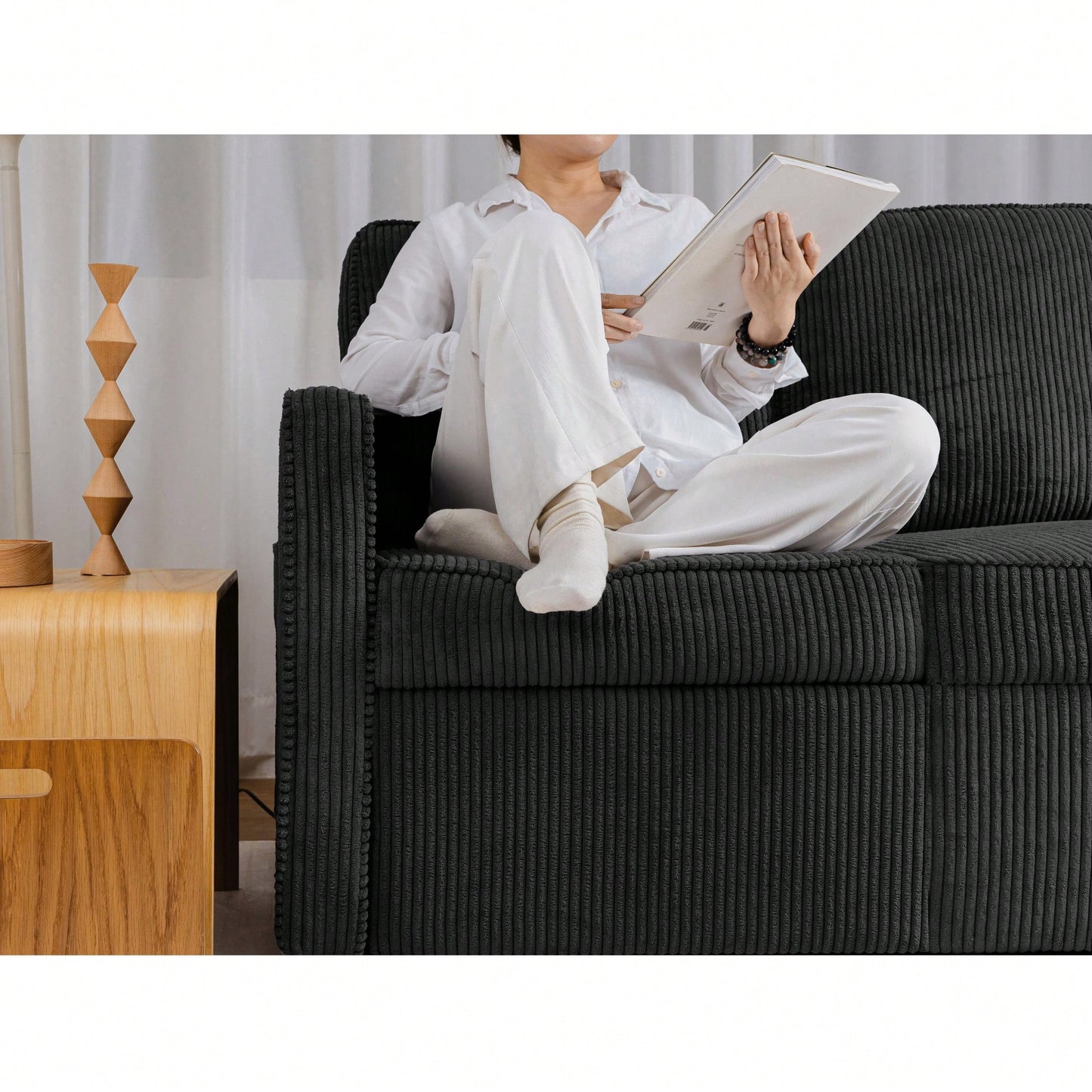 Corduroy Retractable 3 Seater Sofa For Small Spaces Easy Assembly Flexible Design Ideal For Living Rooms And Apartments Cream White