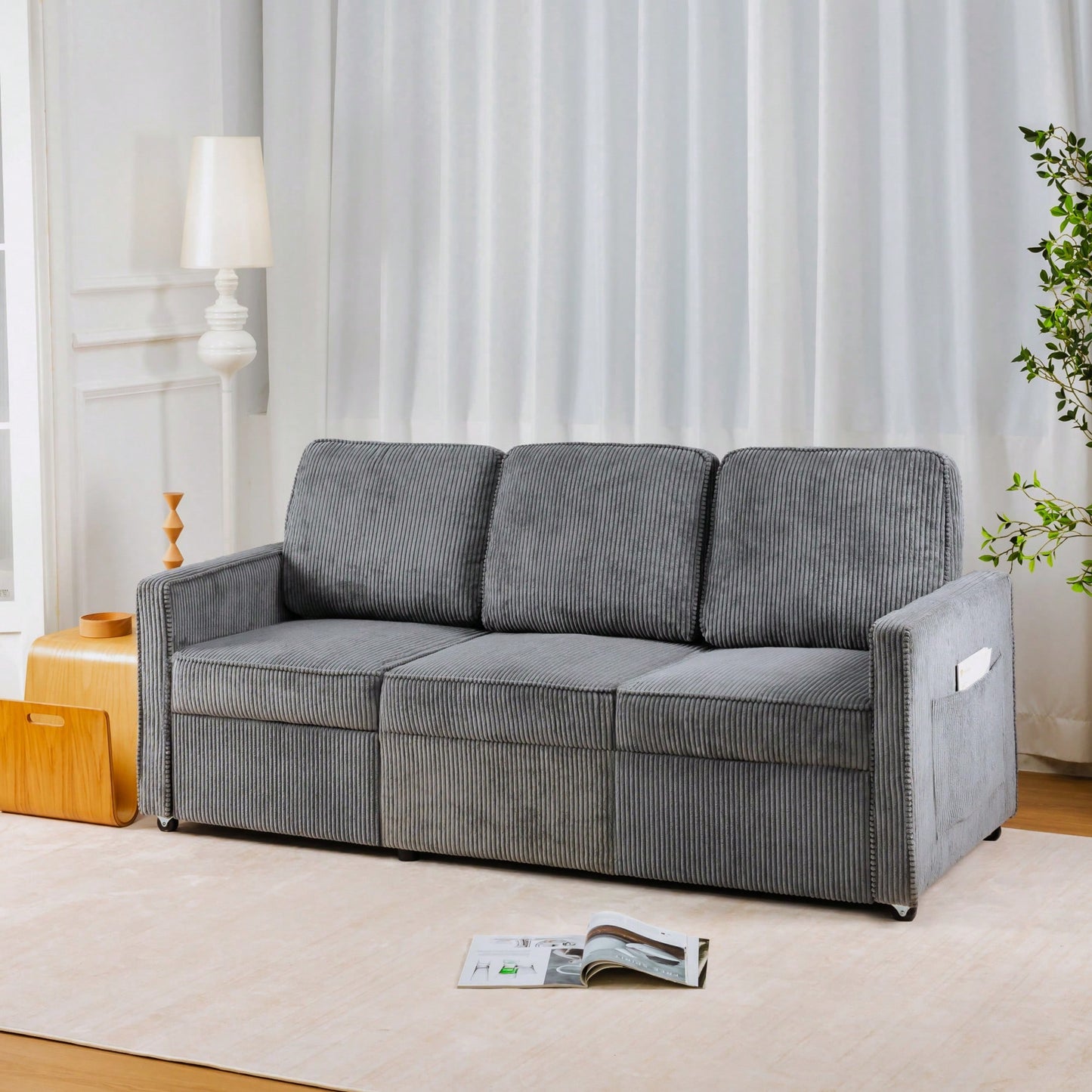 Corduroy Retractable 3 Seater Sofa For Small Spaces Easy Assembly Flexible Design Ideal For Living Rooms And Apartments Cream White